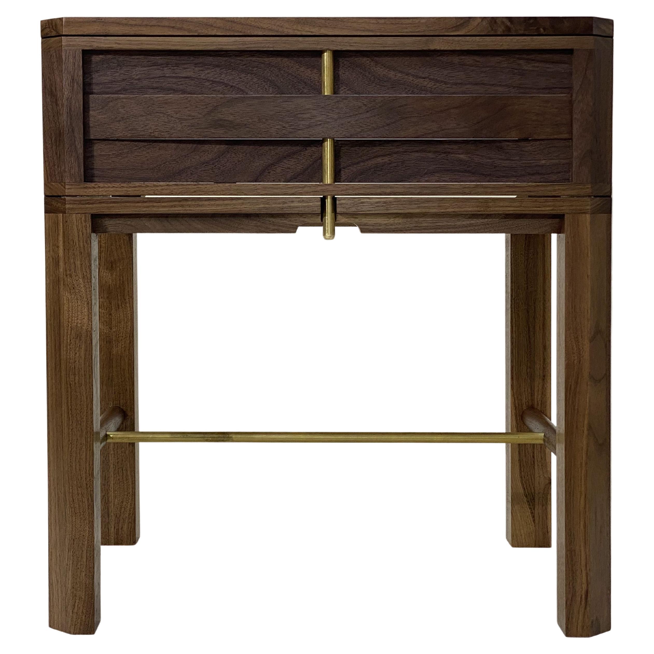 Atelier Luer Slat Front Walnut Night/Side/End Table with Drawer & Brass Hardware For Sale