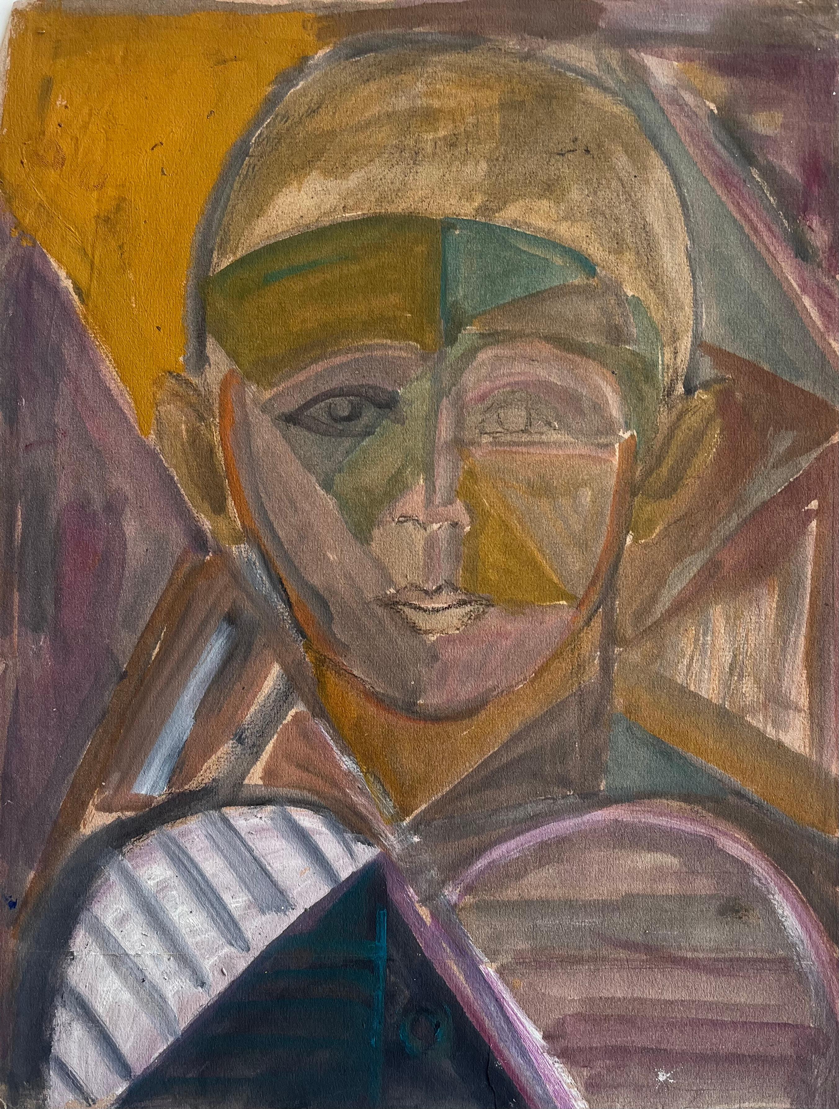 Mid Century French Cubist Portrait Gouache Atelier Magdeleine Renard