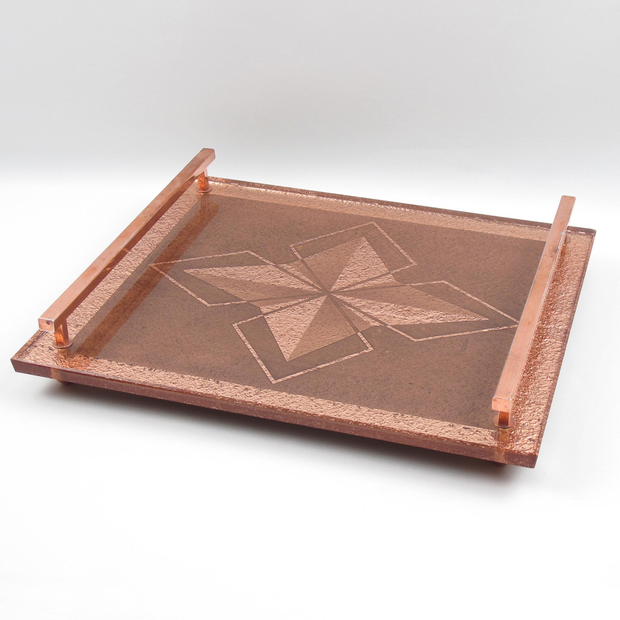 Art déco Atelier Pansart Art Deco Copper Mirrored Glass Serving Tray en vente