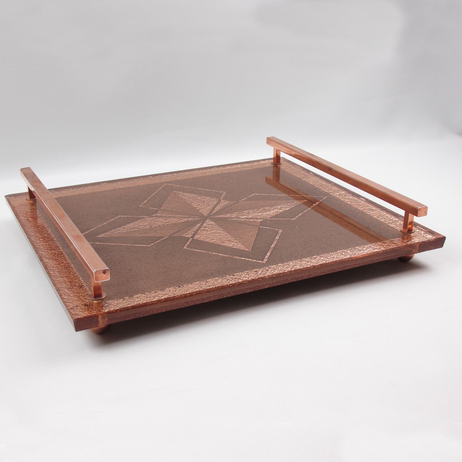 Atelier Pansart Style Art Deco Copper Mirrored Glass Serving Tray, France 1940s In Good Condition For Sale In Atlanta, GA