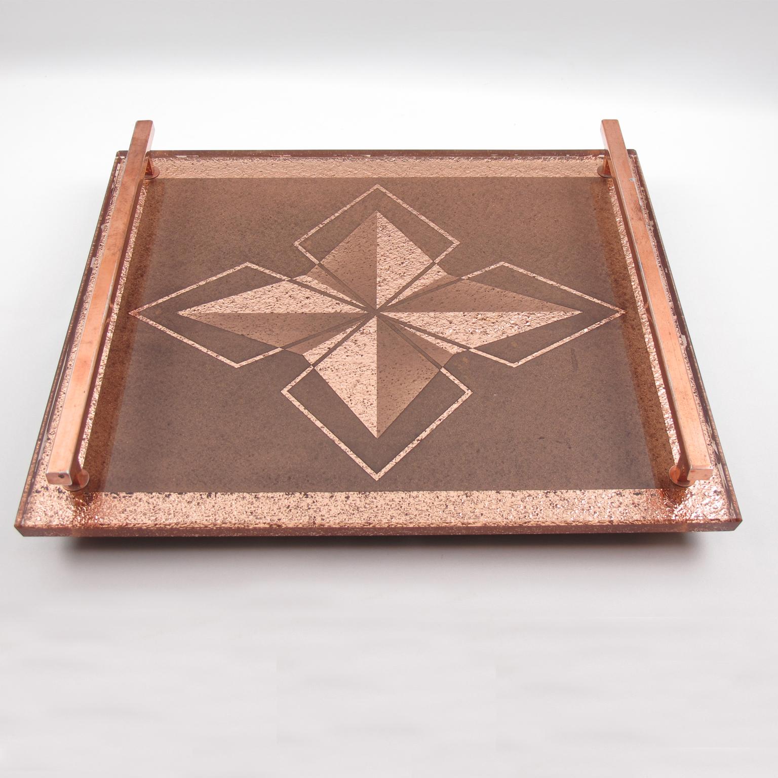 Mid-20th Century Atelier Pansart Style Art Deco Copper Mirrored Glass Serving Tray, France 1940s For Sale