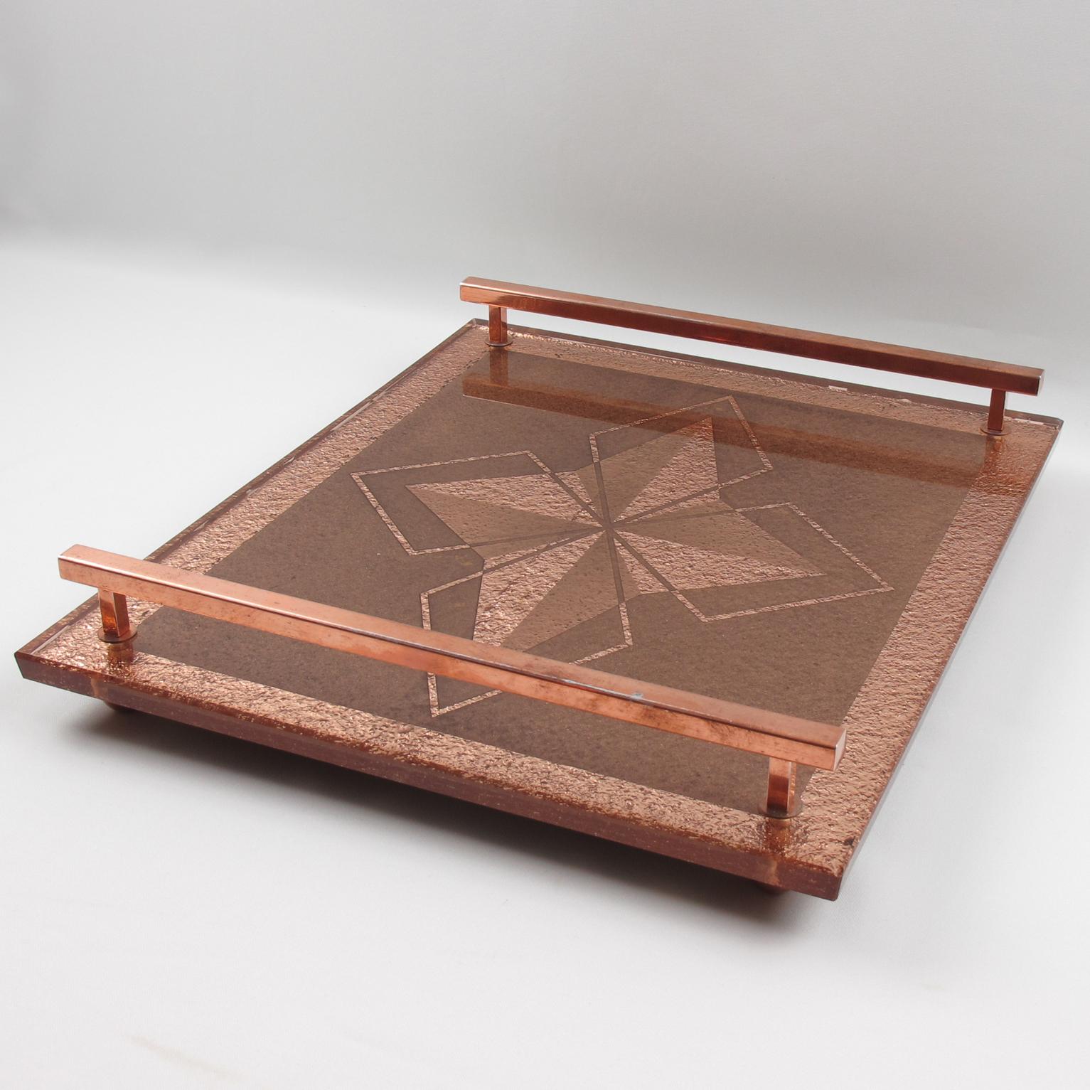 Metal Atelier Pansart Style Art Deco Copper Mirrored Glass Serving Tray, France 1940s For Sale