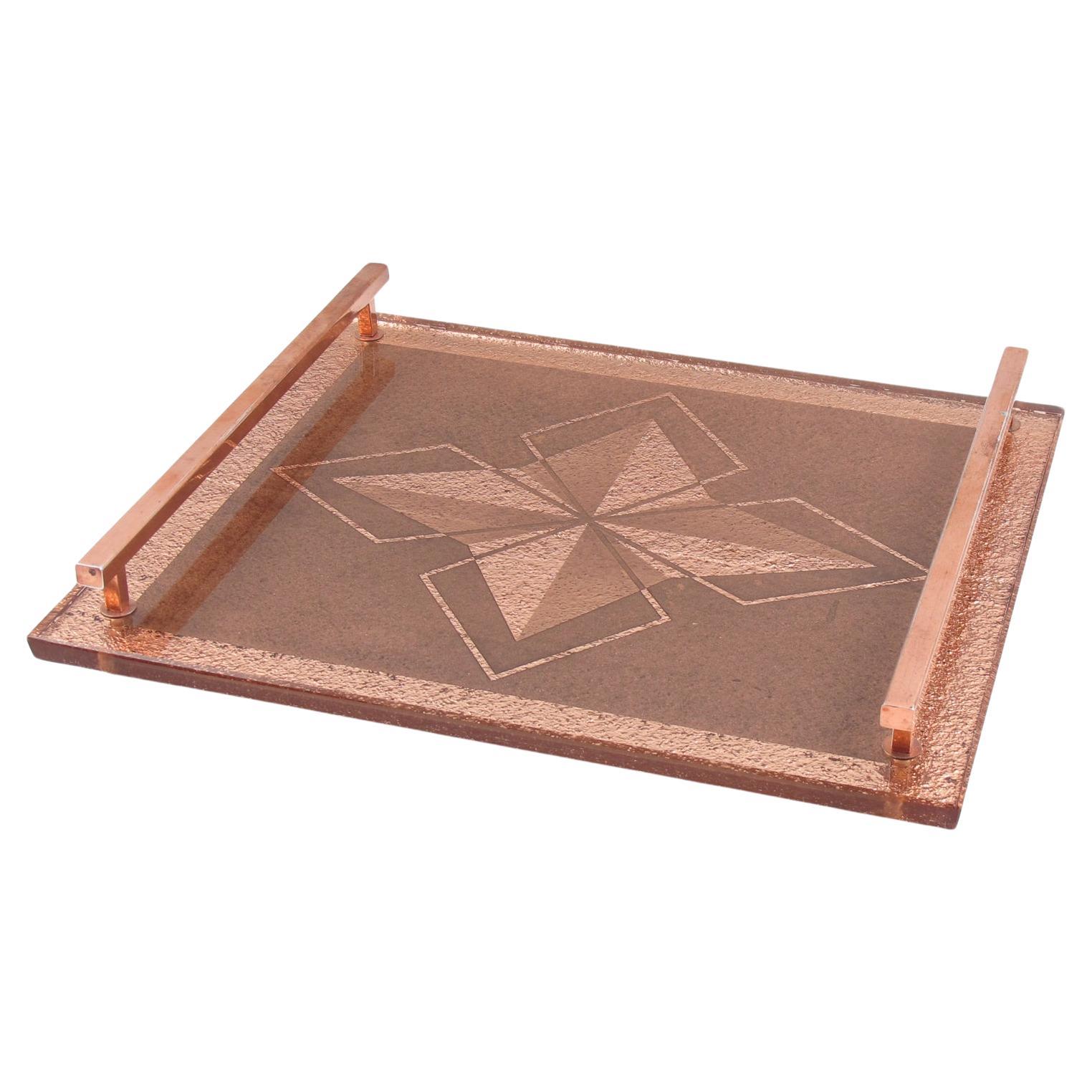 Atelier Pansart Style Art Deco Copper Mirrored Glass Serving Tray, France 1940s For Sale
