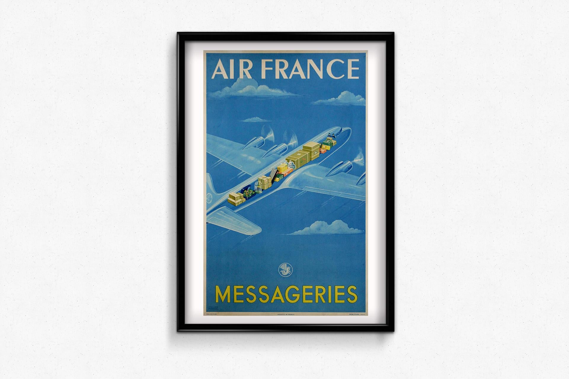Manifesto originale del 1949 di Atelier Perceval per le Messaggerie della compagnia aerea Air France in vendita 3
