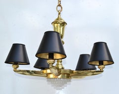 Lustre rond néoclassique à 6 feux en bronze et laiton de l'Atelier Petitot, France