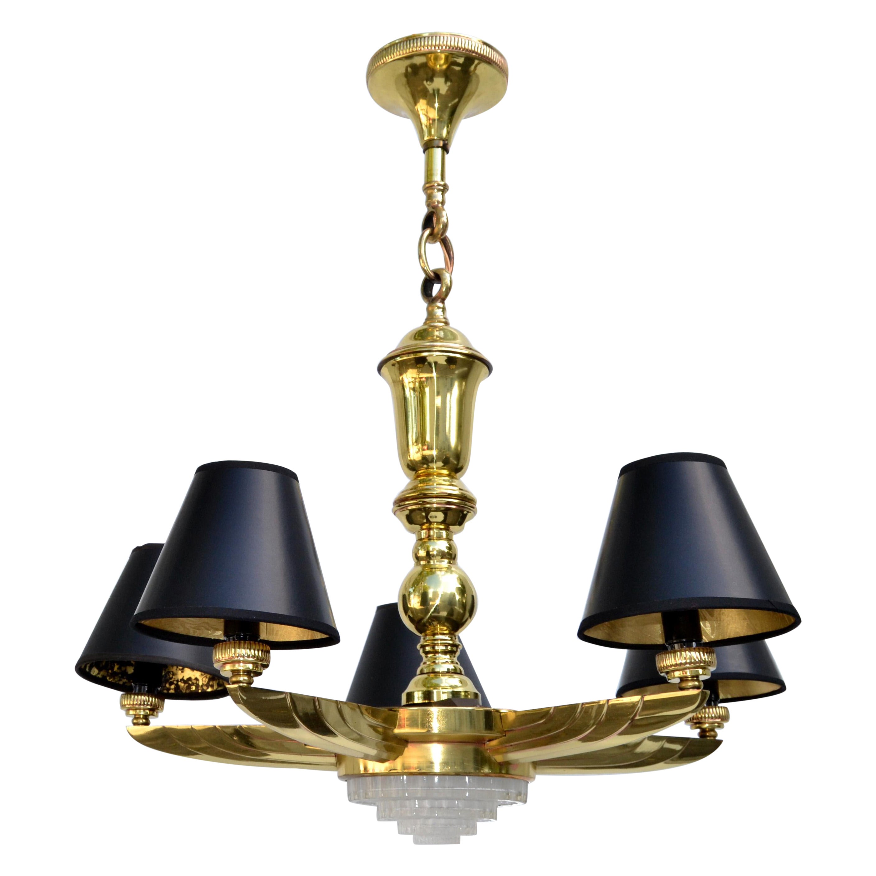 Atelier Petitot, lampadario rotondo a 6 luci in bronzo e ottone neoclassico