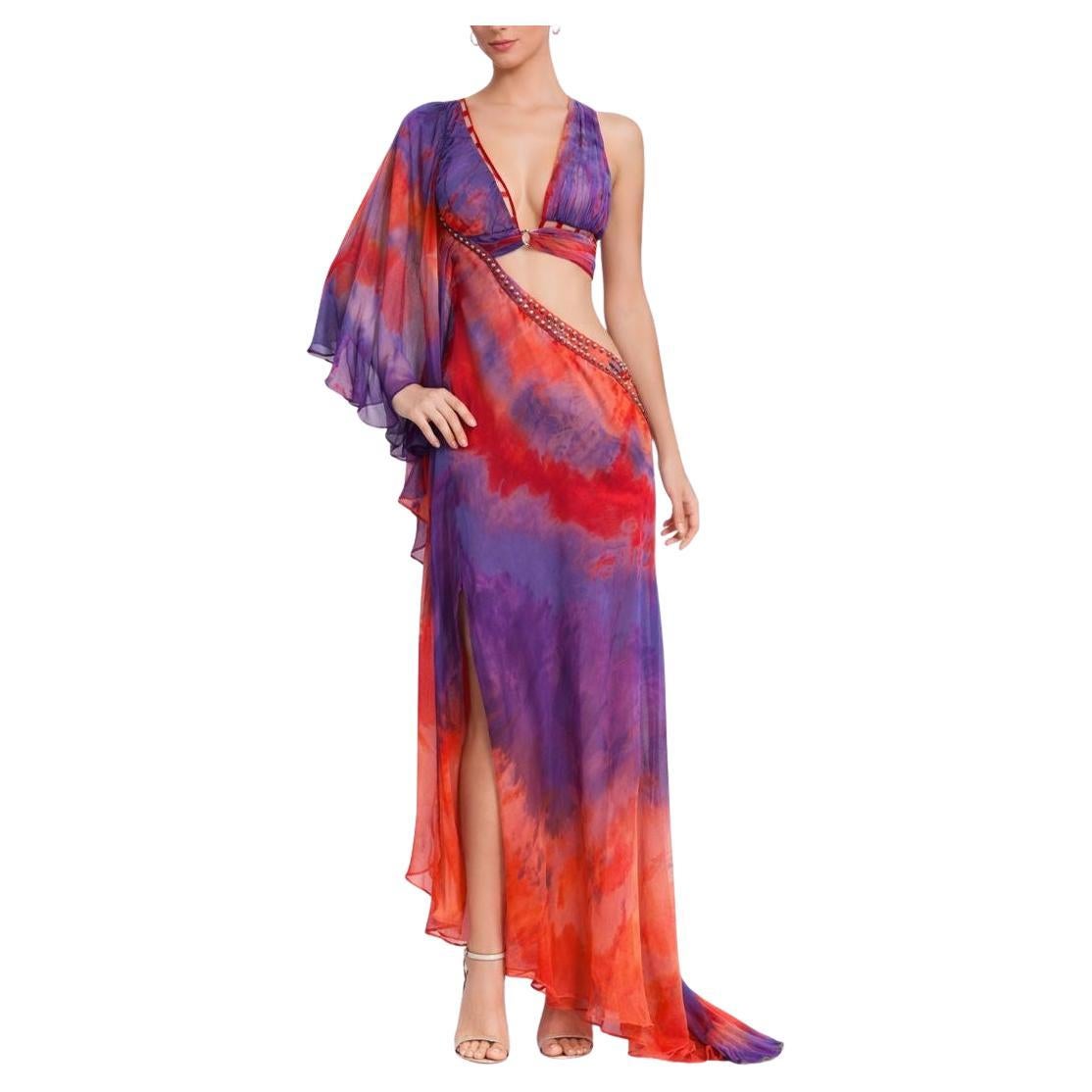 ATELIER Red 
Purple Silk Chiffon Pucci Cut Out Gown For Sale