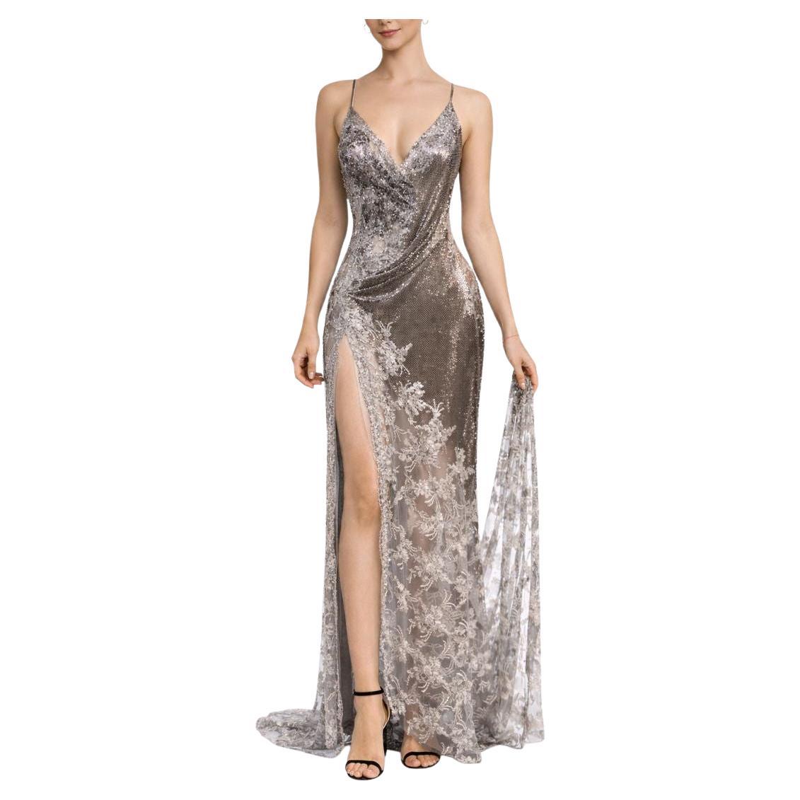 ATELIER Stormy Grey Metallic Lace 
Metal Mesh Gown with Train Size 4 For Sale