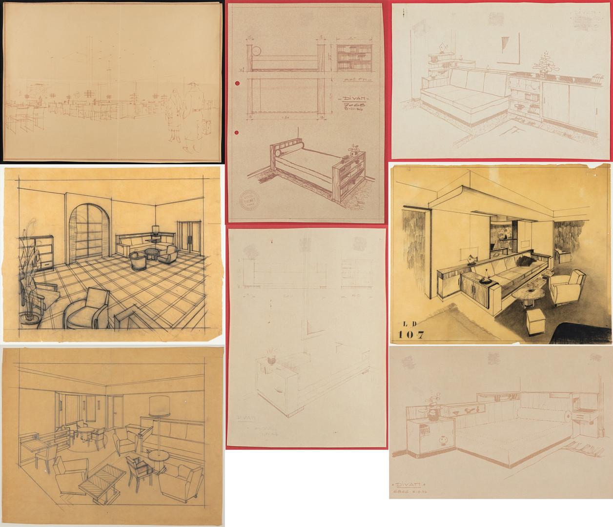 Atelier Thonet Paris, set of construction drawings and furnishing concepts, 1930s, (3-51).

Atelier Thonet Paris. Construction drawings and furnishing concepts.
1930s. 4x construction drawings, project name Divan. 

4x furnishing concepts.