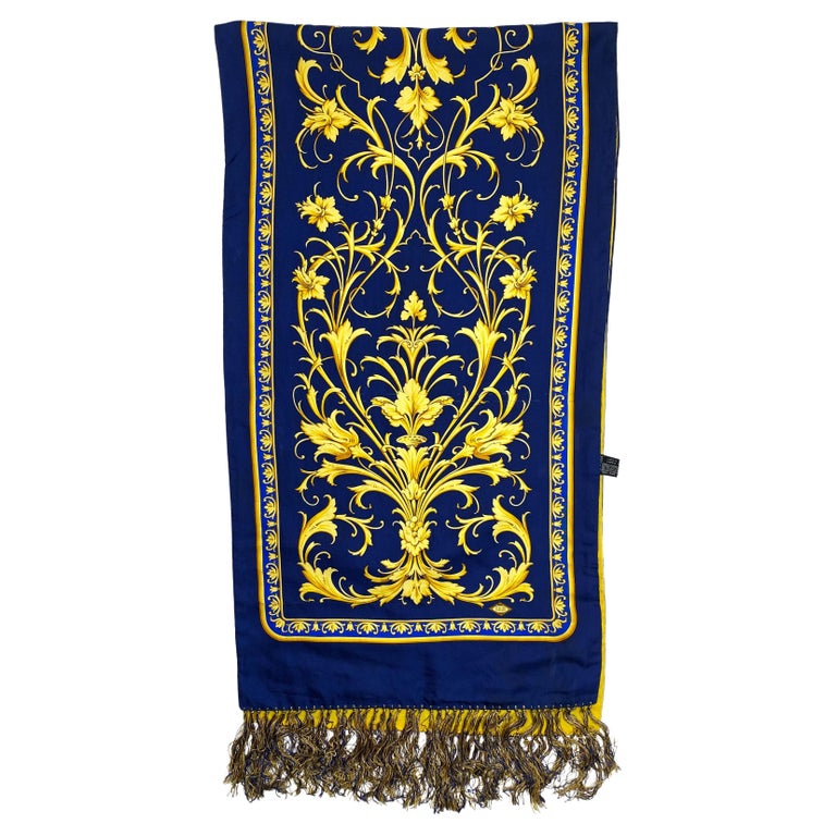 Atelier Versace Baroque Navy Gold Fringe Silk Scarf For Sale at 1stDibs ...