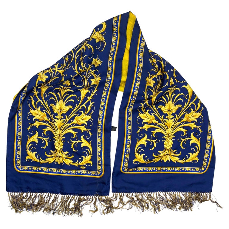 Atelier Versace Baroque Navy Gold Fringe Silk Scarf For Sale at 1stDibs