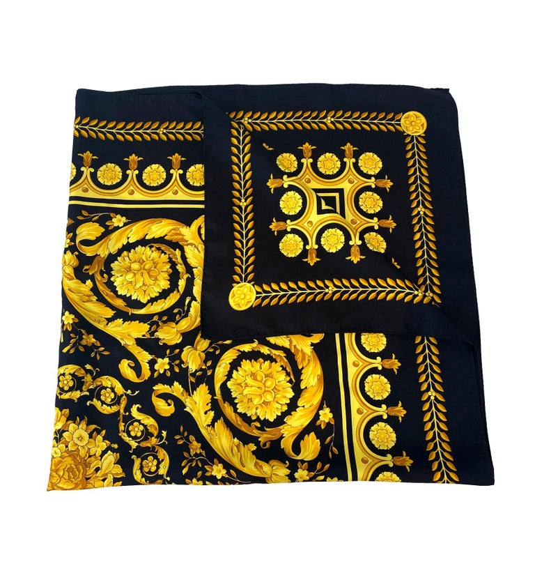 Atelier Versace Black and Gold Baroque Print Silk Twill Scarf at 1stDibs