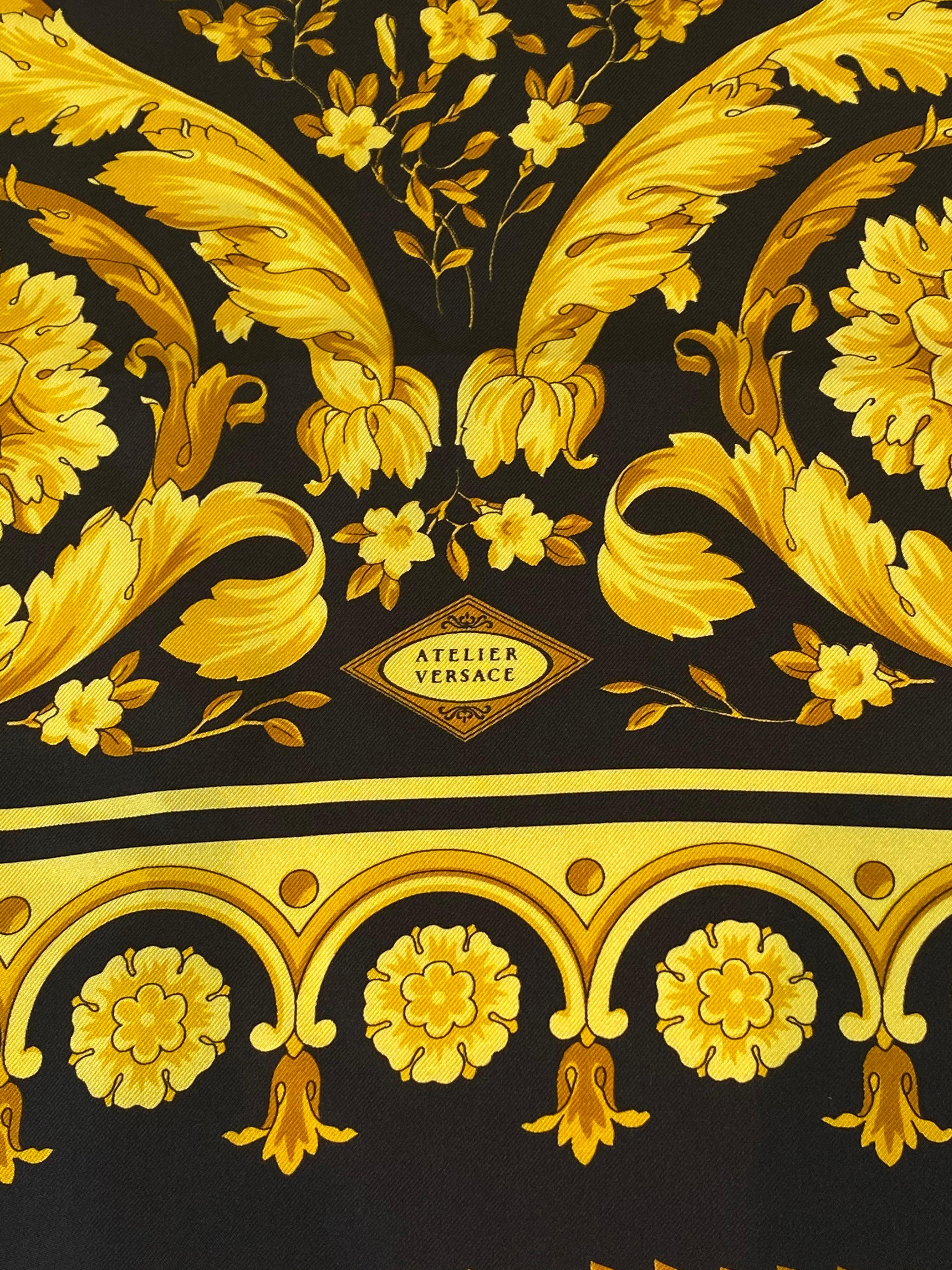 Atelier Versace Black and Gold Baroque Print Silk Twill Scarf In Good Condition In Banner Elk, NC