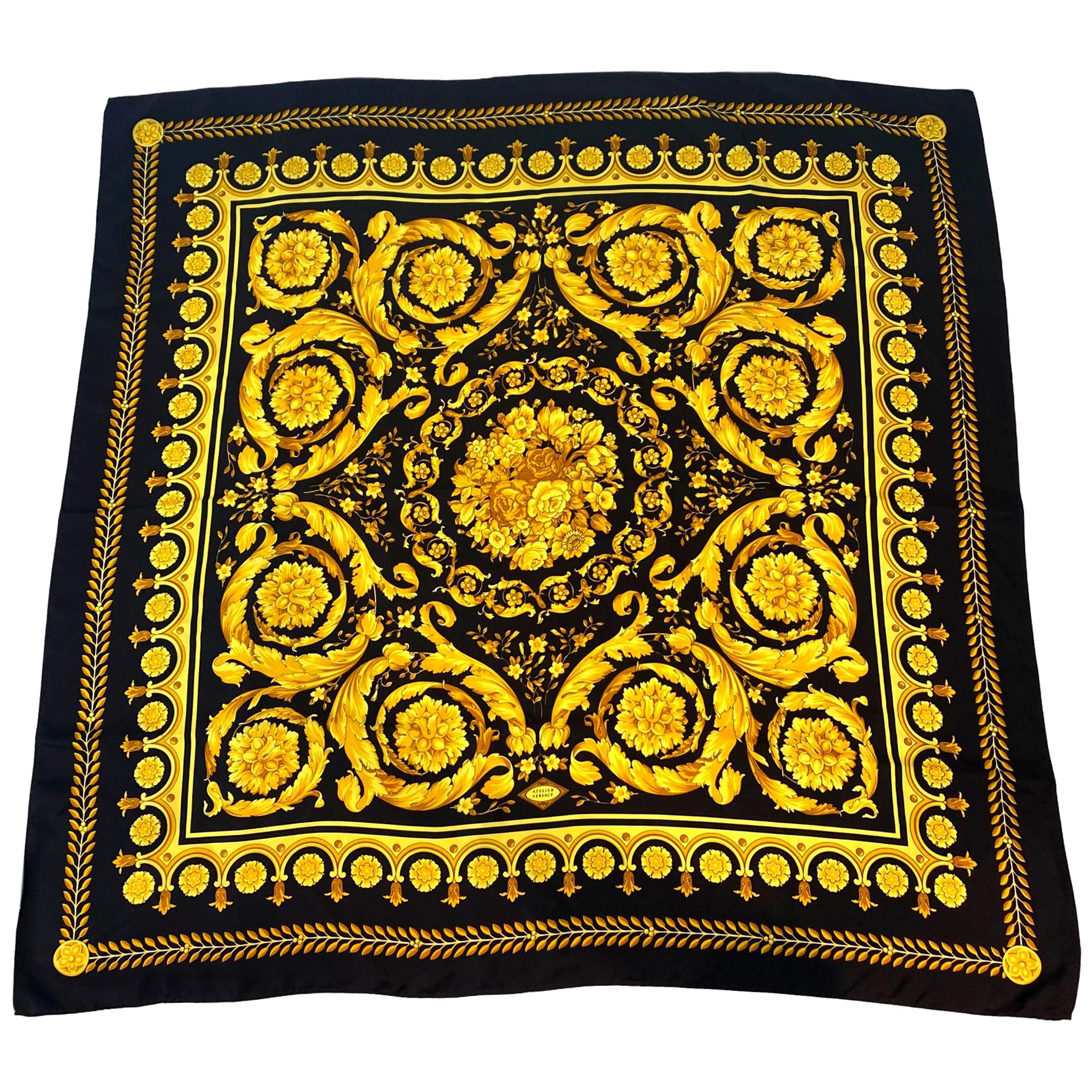 Atelier Versace Black and Gold Baroque Print Silk Twill Scarf