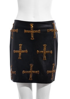 Atelier Versace black leather mini skirt with gold embellished crosses, fw 1997