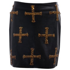 Atelier Versace black leather mini skirt with gold embellished crosses, fw 1997