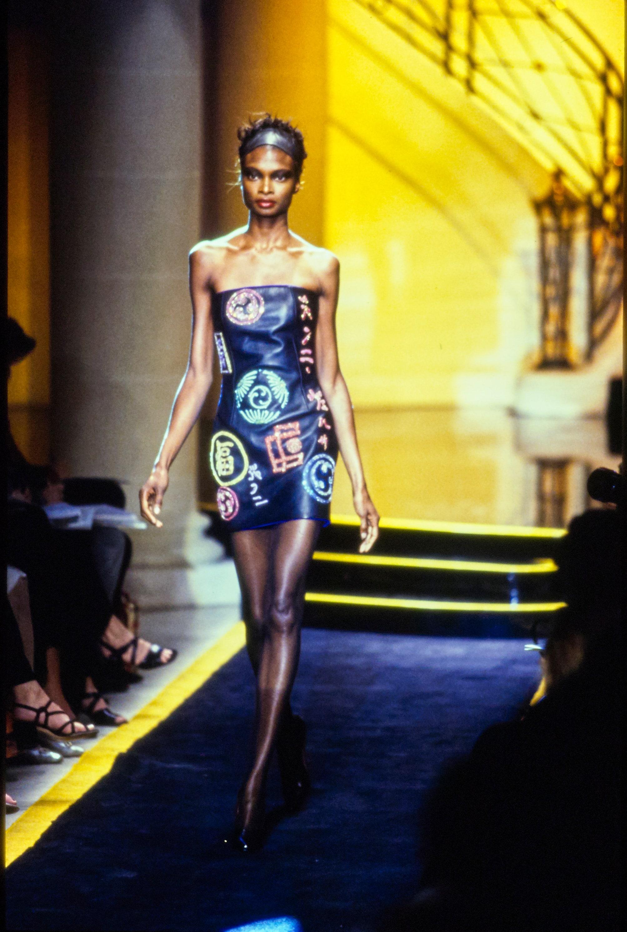 Atelier Versace black leather strapless embellished mini dress, fw 1997 For Sale 1