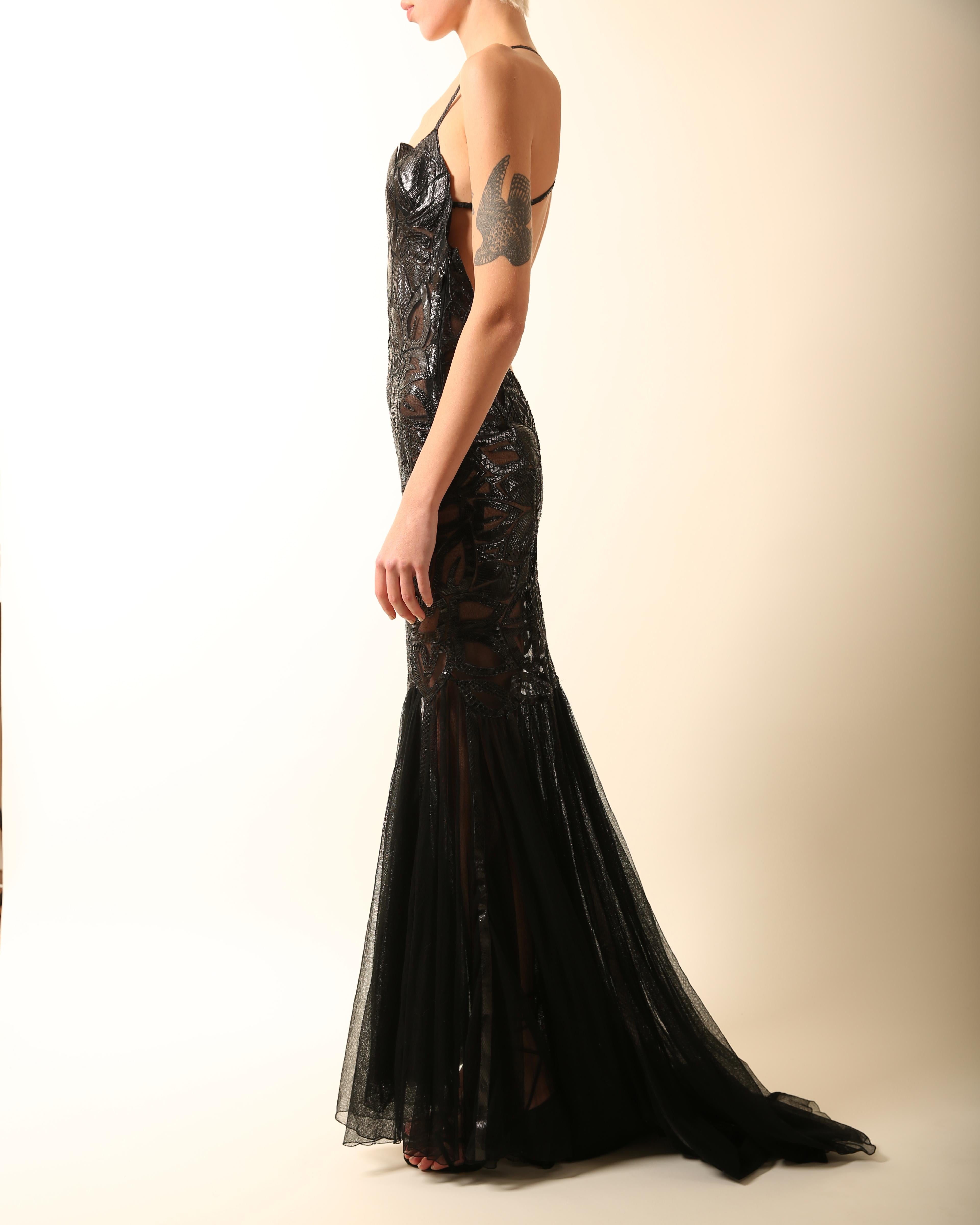 Atelier Versace black python sheer mesh cut out backless fitted maxi dress gown  For Sale 2
