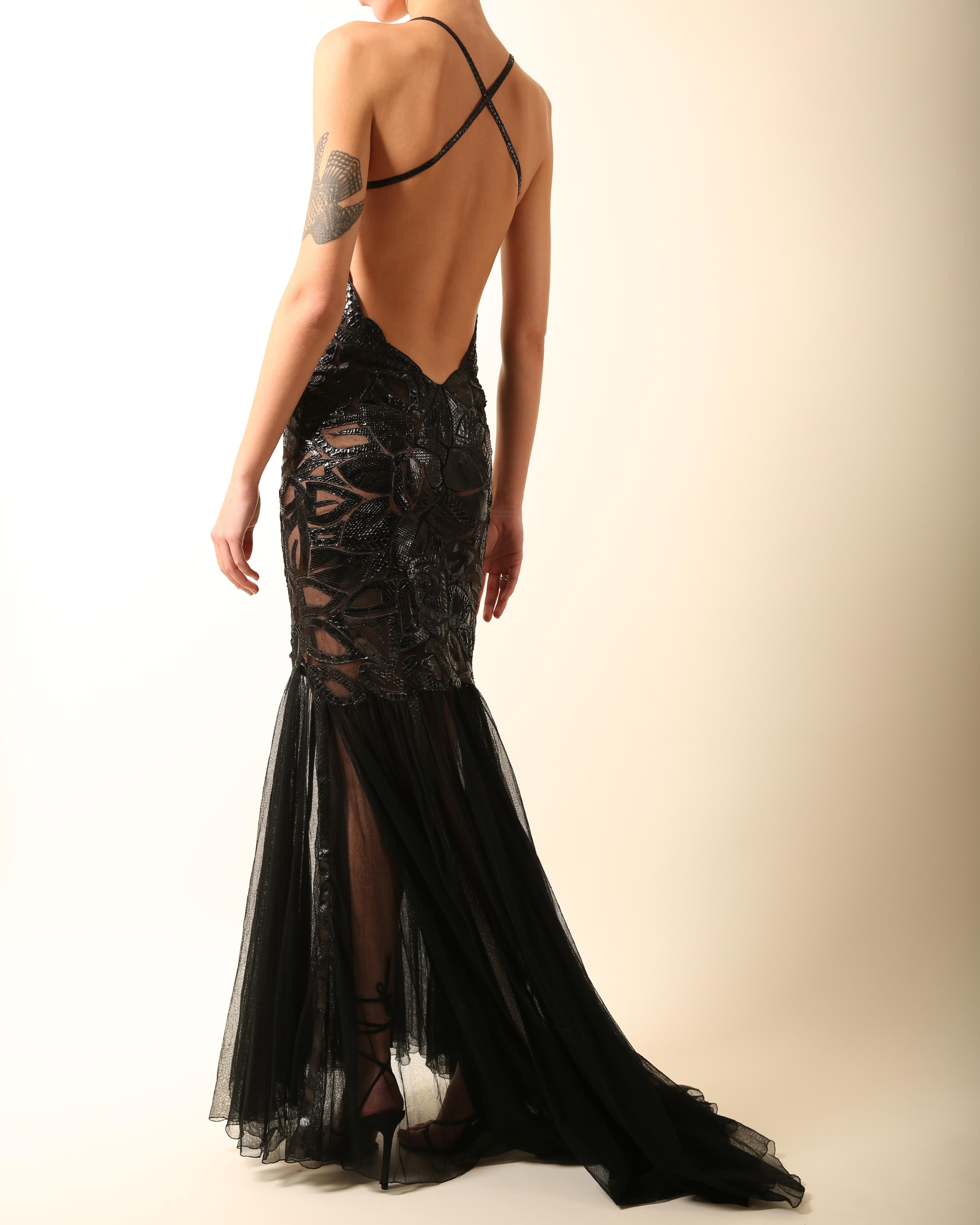 Atelier Versace black python sheer mesh cut out backless fitted maxi dress gown 3