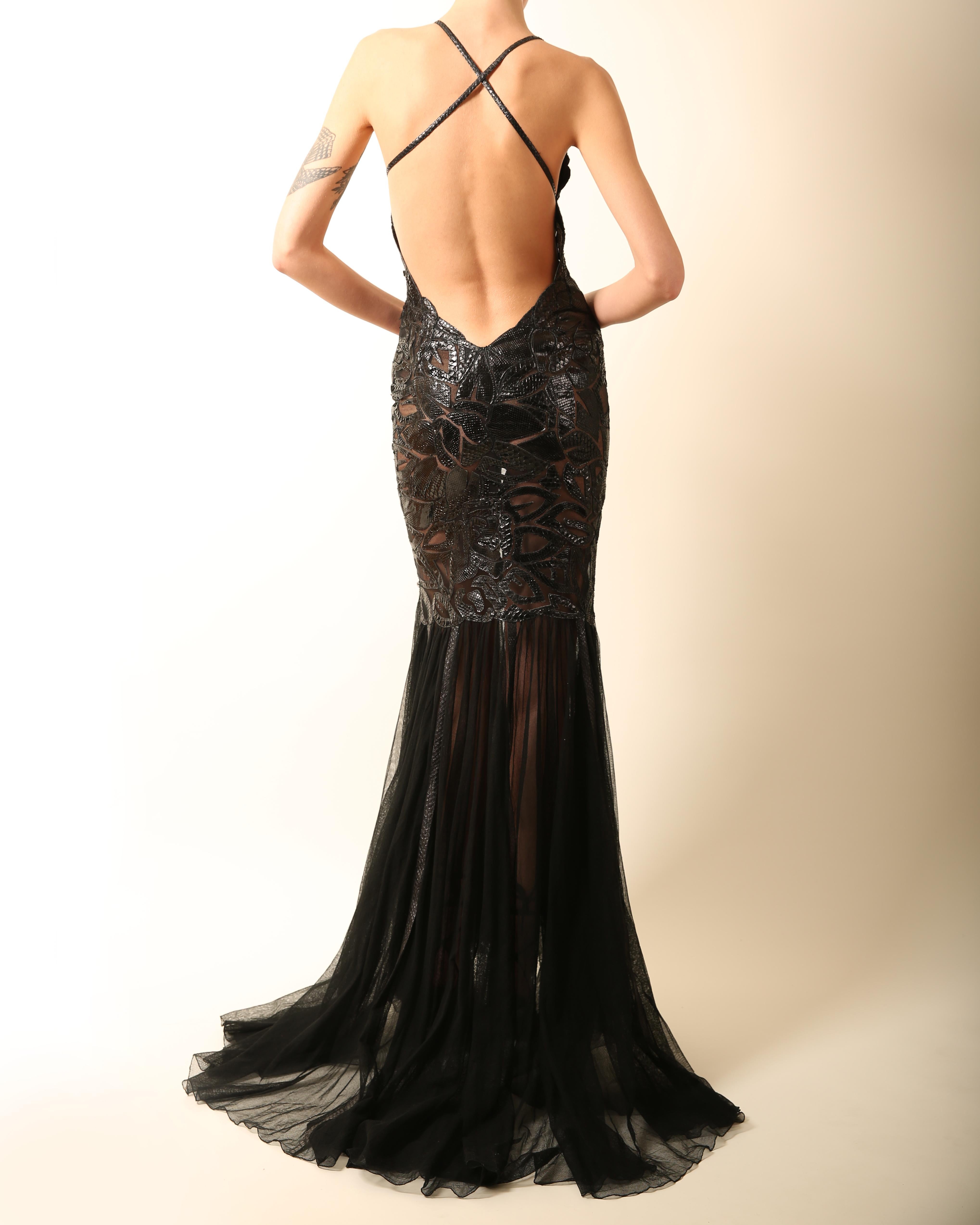 Atelier Versace black python sheer mesh cut out backless fitted maxi dress gown  5