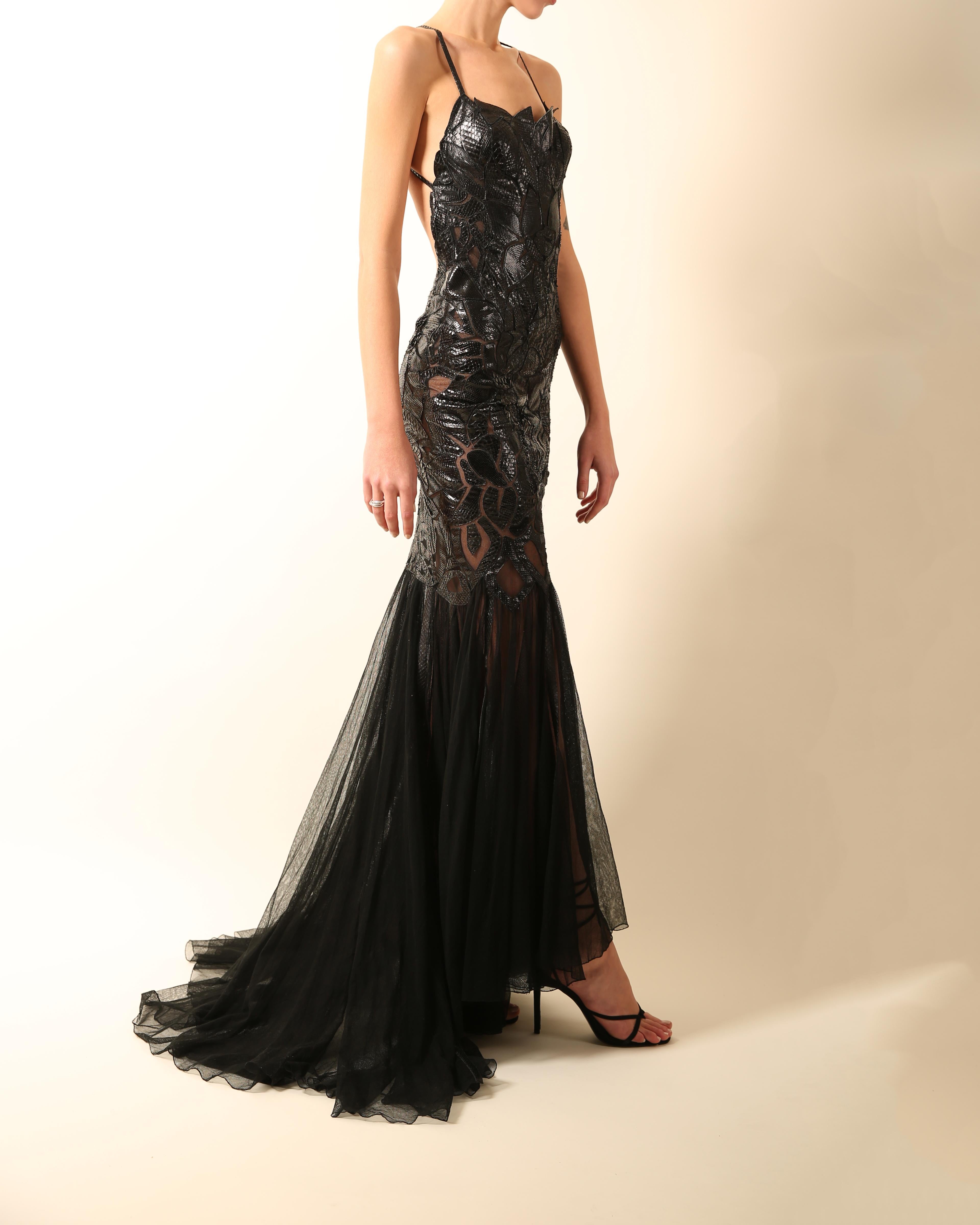 Atelier Versace black python sheer mesh cut out backless fitted maxi dress gown  In Good Condition For Sale In Paris, FR