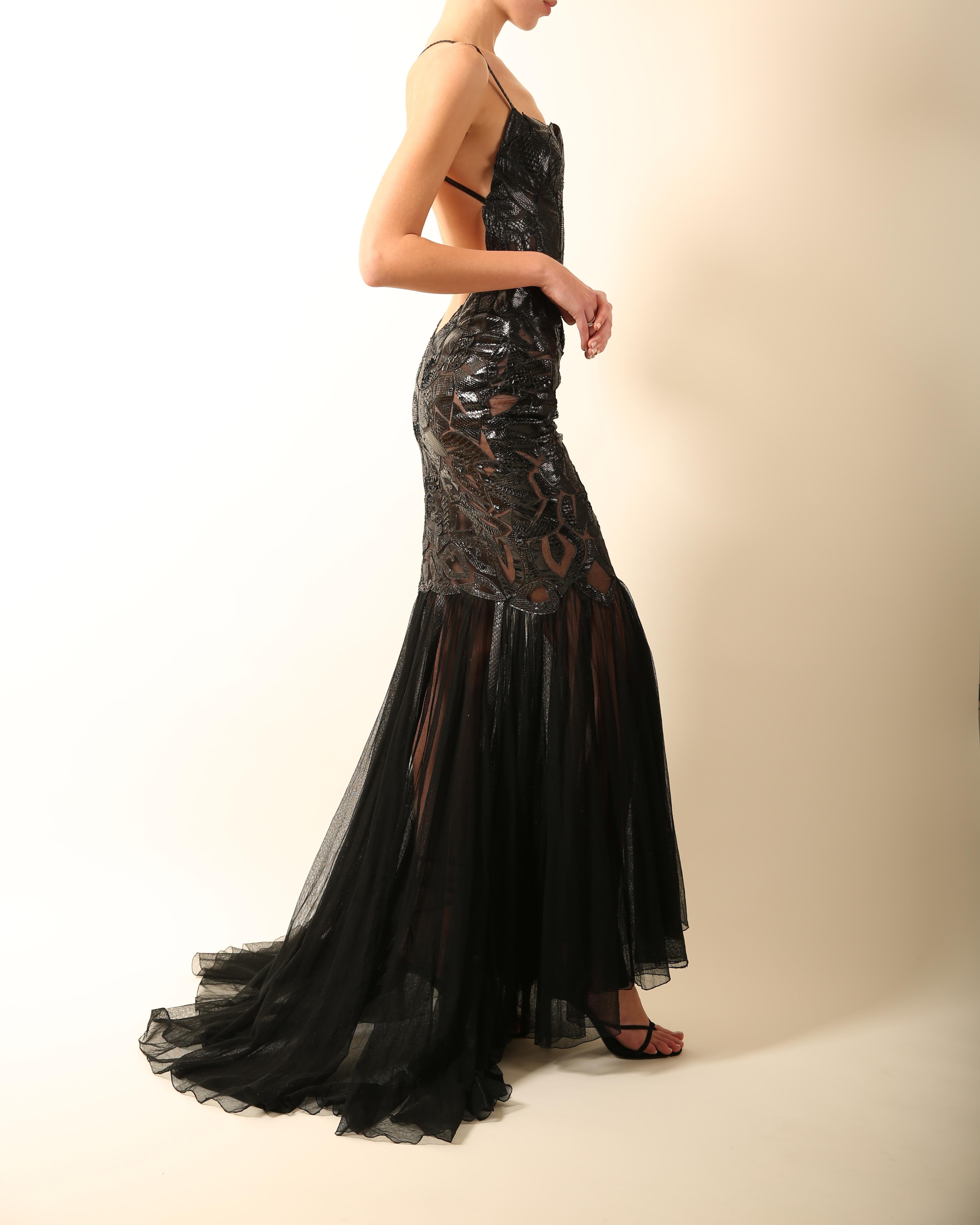 Women's or Men's Atelier Versace black python sheer mesh cut out backless fitted maxi dress gown 