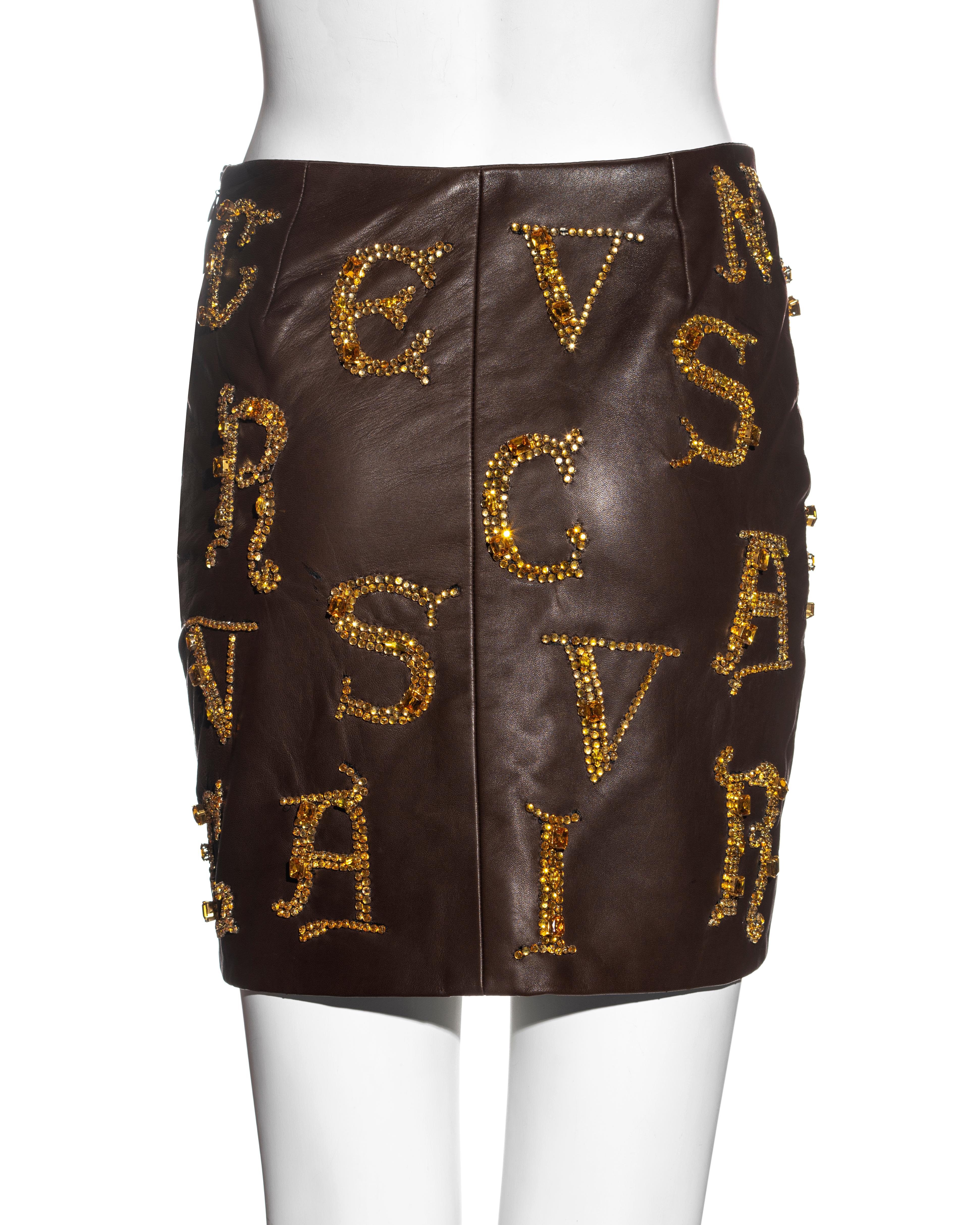 Atelier Versace brown leather skirt with gold crystal calligraphy, fw 1997 For Sale 4