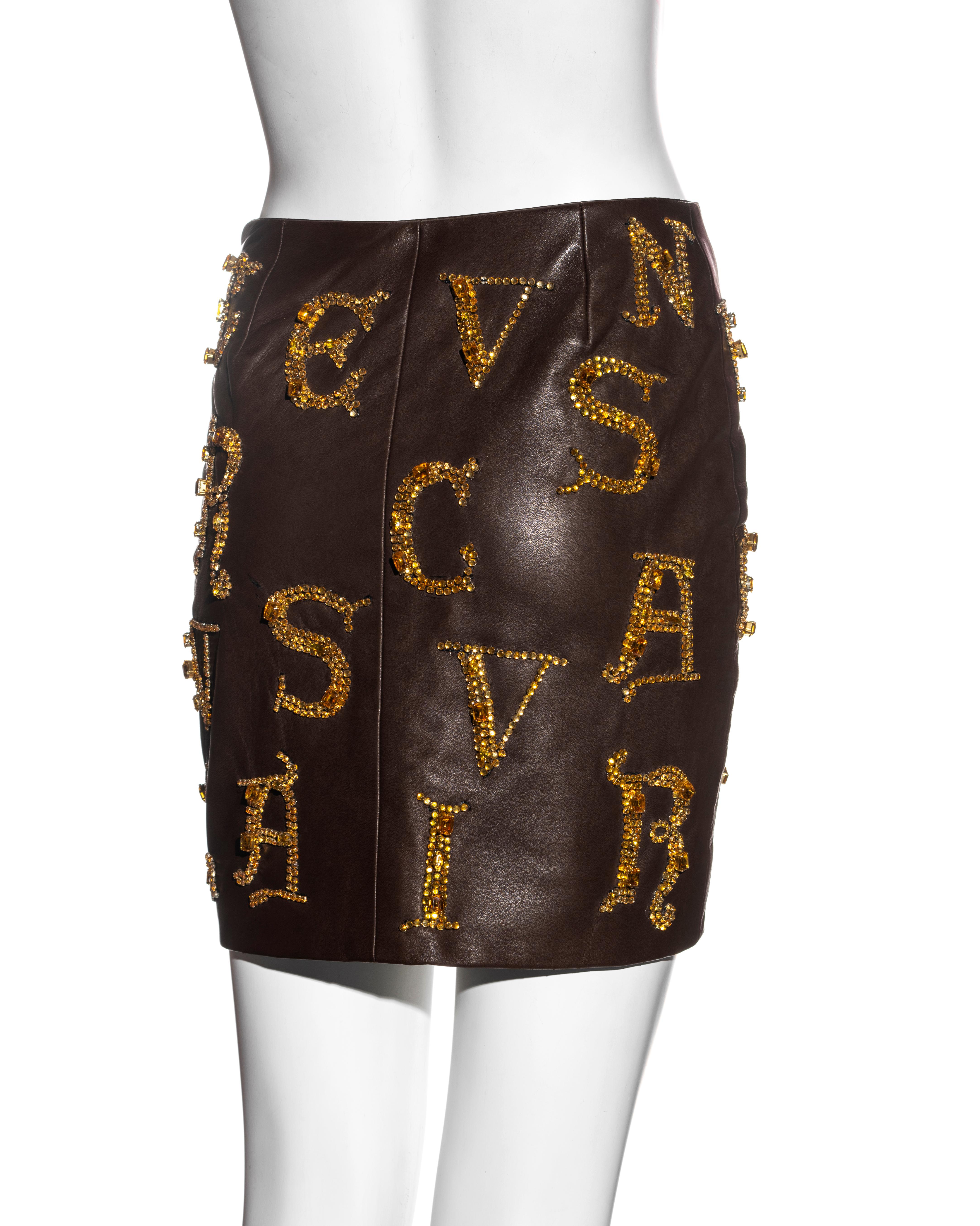 Atelier Versace brown leather skirt with gold crystal calligraphy, fw 1997 For Sale 5