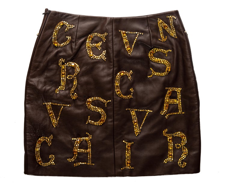 Atelier Versace brown leather skirt with gold crystal calligraphy, fw 1997  For Sale at 1stDibs