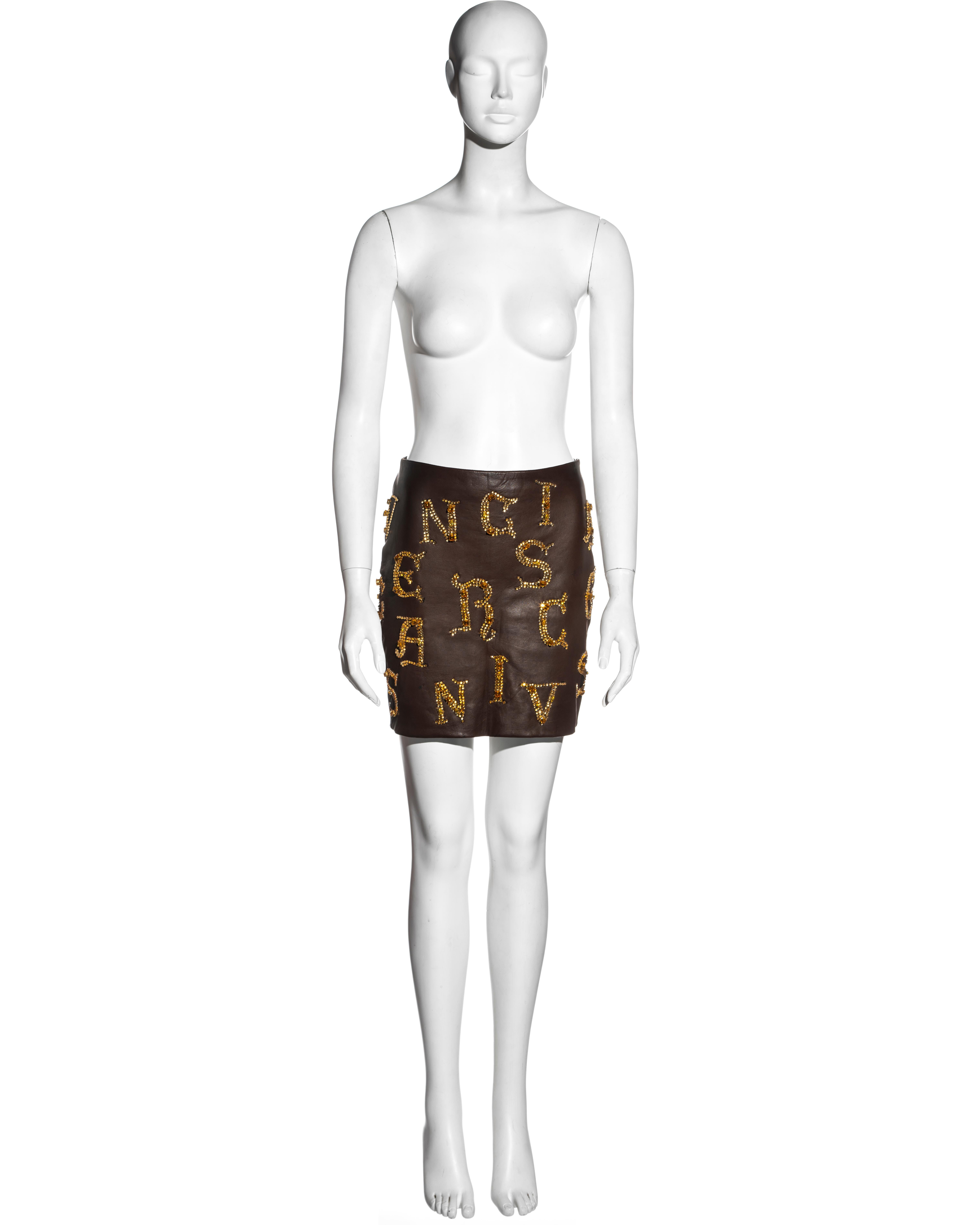Black Atelier Versace brown leather skirt with gold crystal calligraphy, fw 1997 For Sale