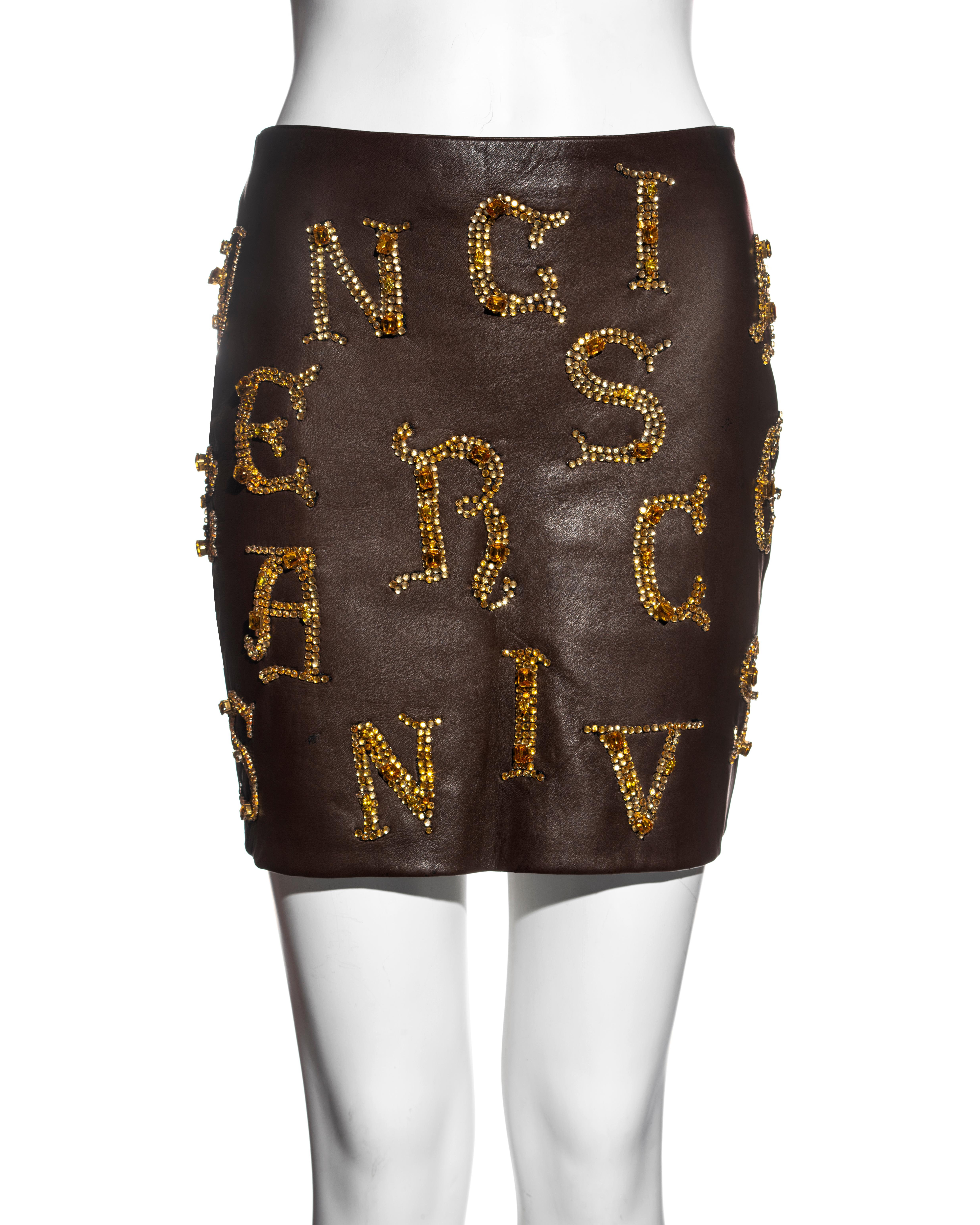 Atelier Versace brown leather skirt with gold crystal calligraphy, fw 1997 For Sale 1