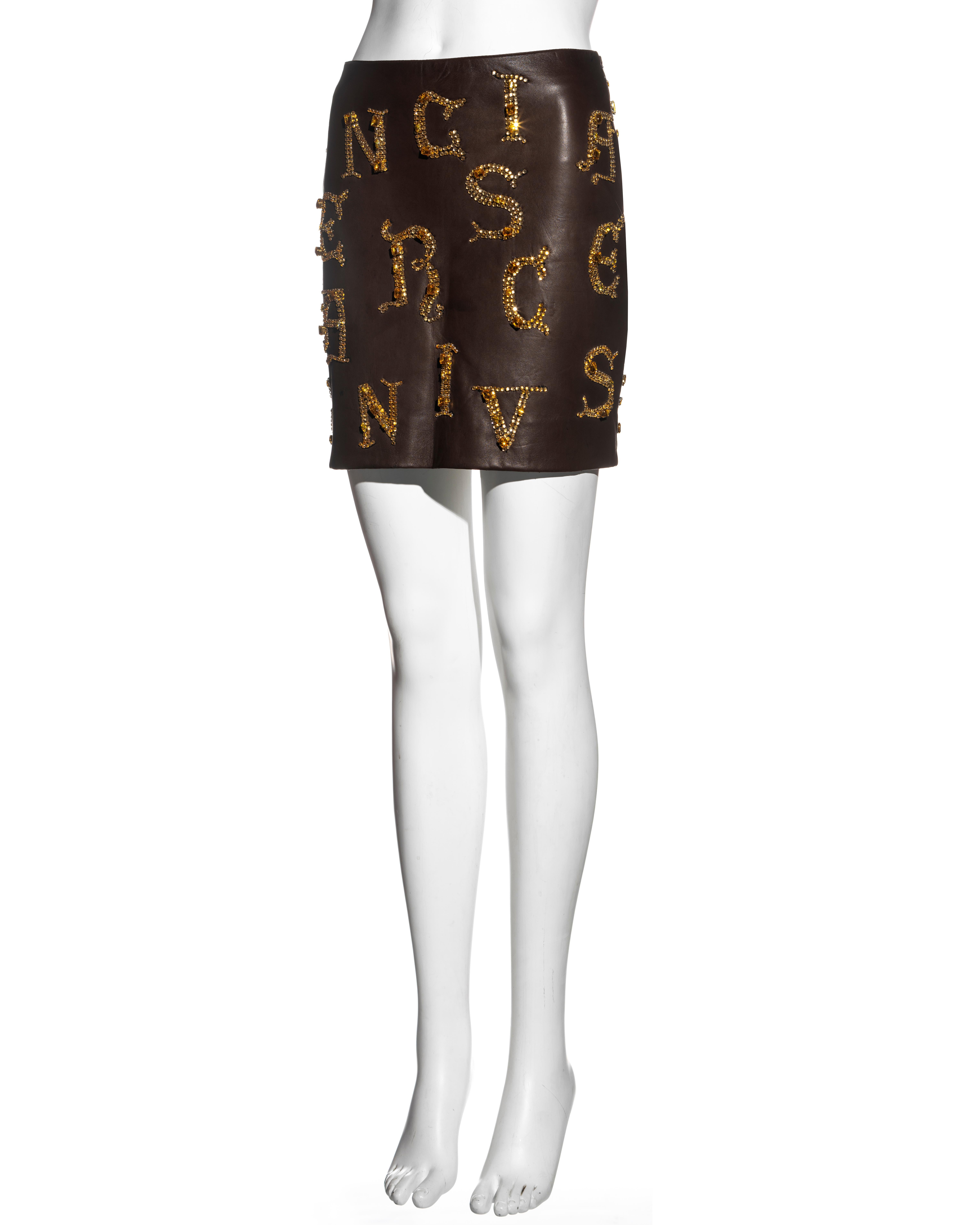 Atelier Versace brown leather skirt with gold crystal calligraphy, fw 1997 For Sale 2