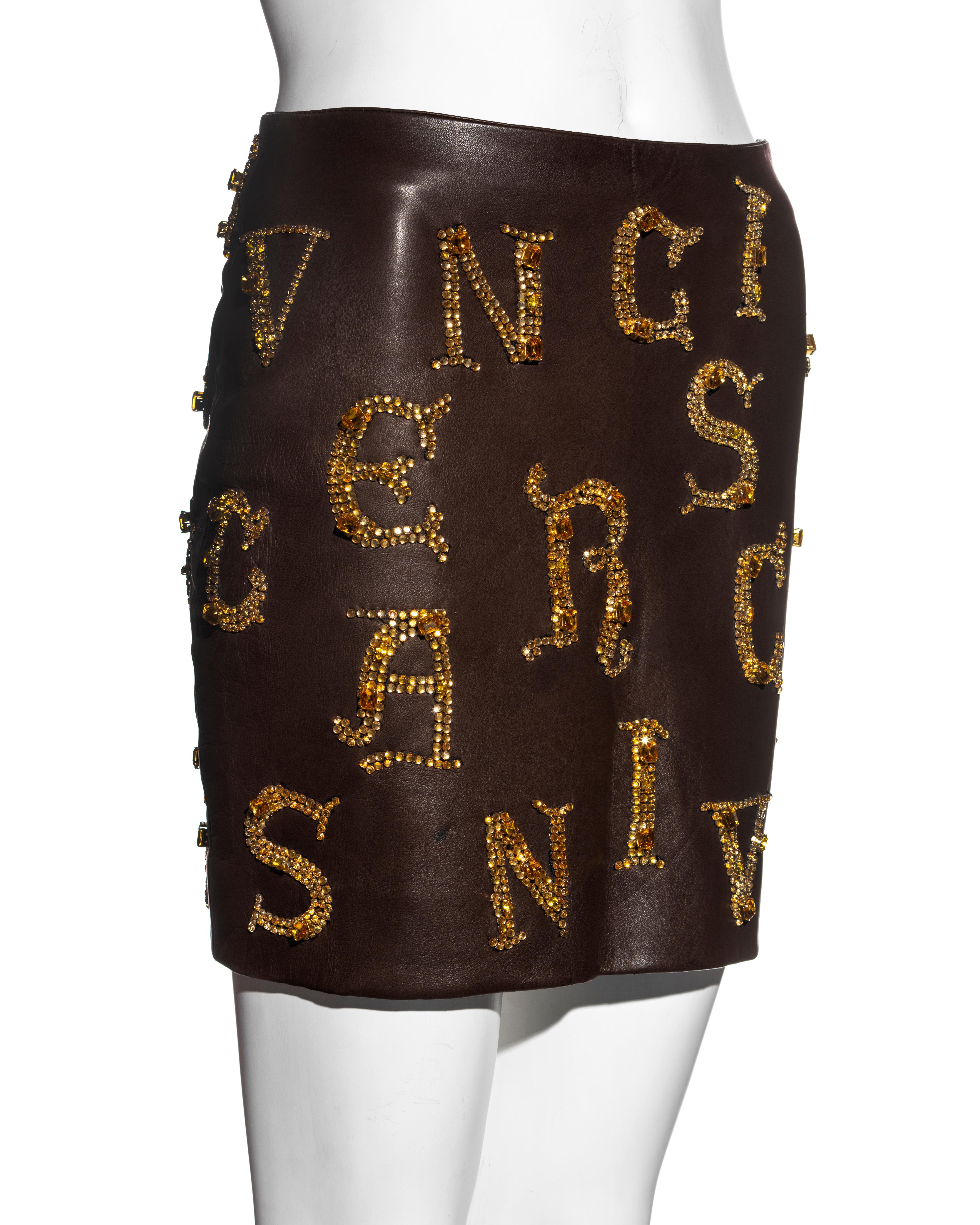 Atelier Versace brown leather skirt with gold crystal calligraphy, fw 1997 For Sale 3