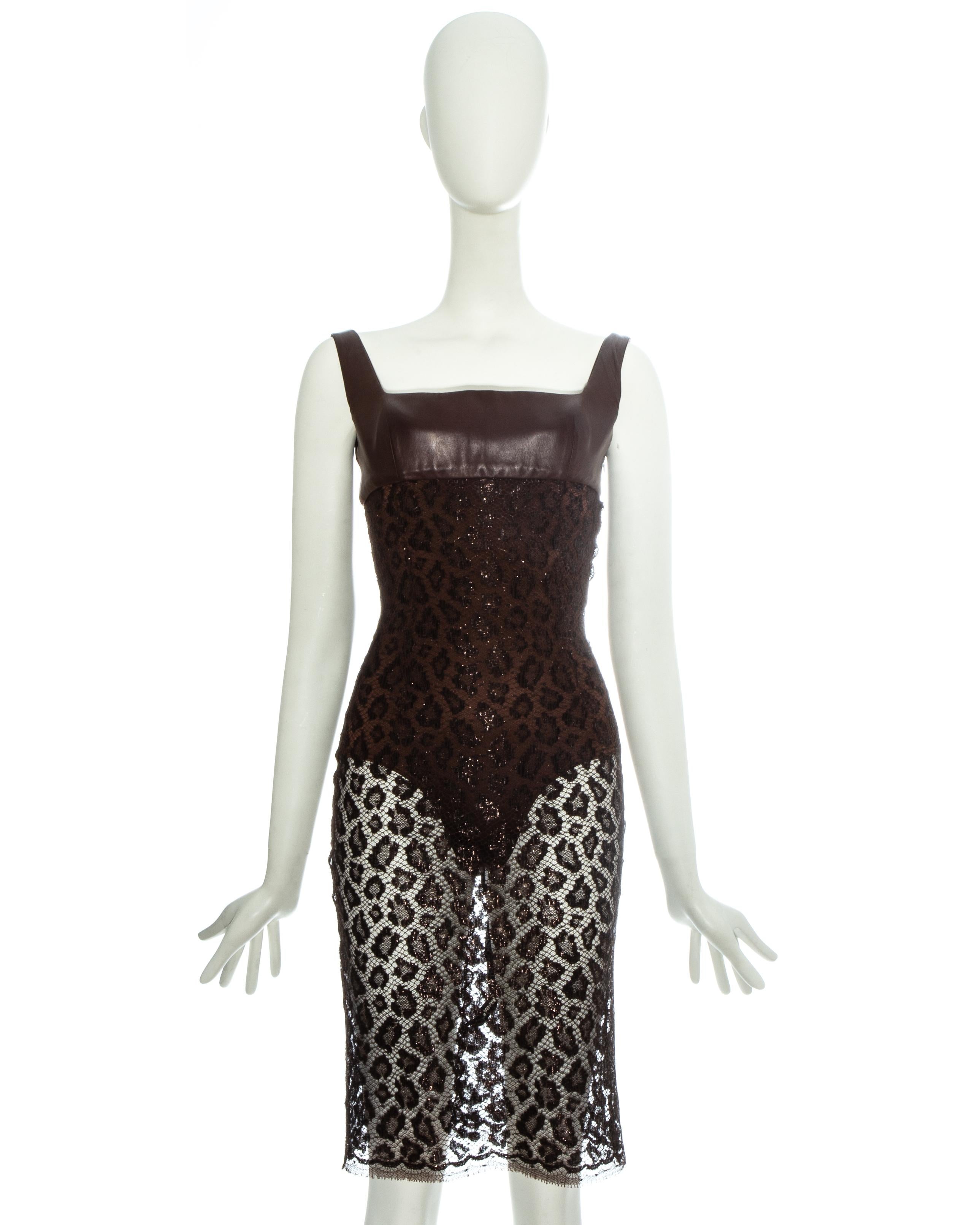 Atelier Versace Couture evening dress with leather bust with built in corset, leopard lamé lace and attached bodysuit 

Spring-Summer 1996 

- Please note that this dress is a couture piece which was made especially for client of Gianni Versace; the