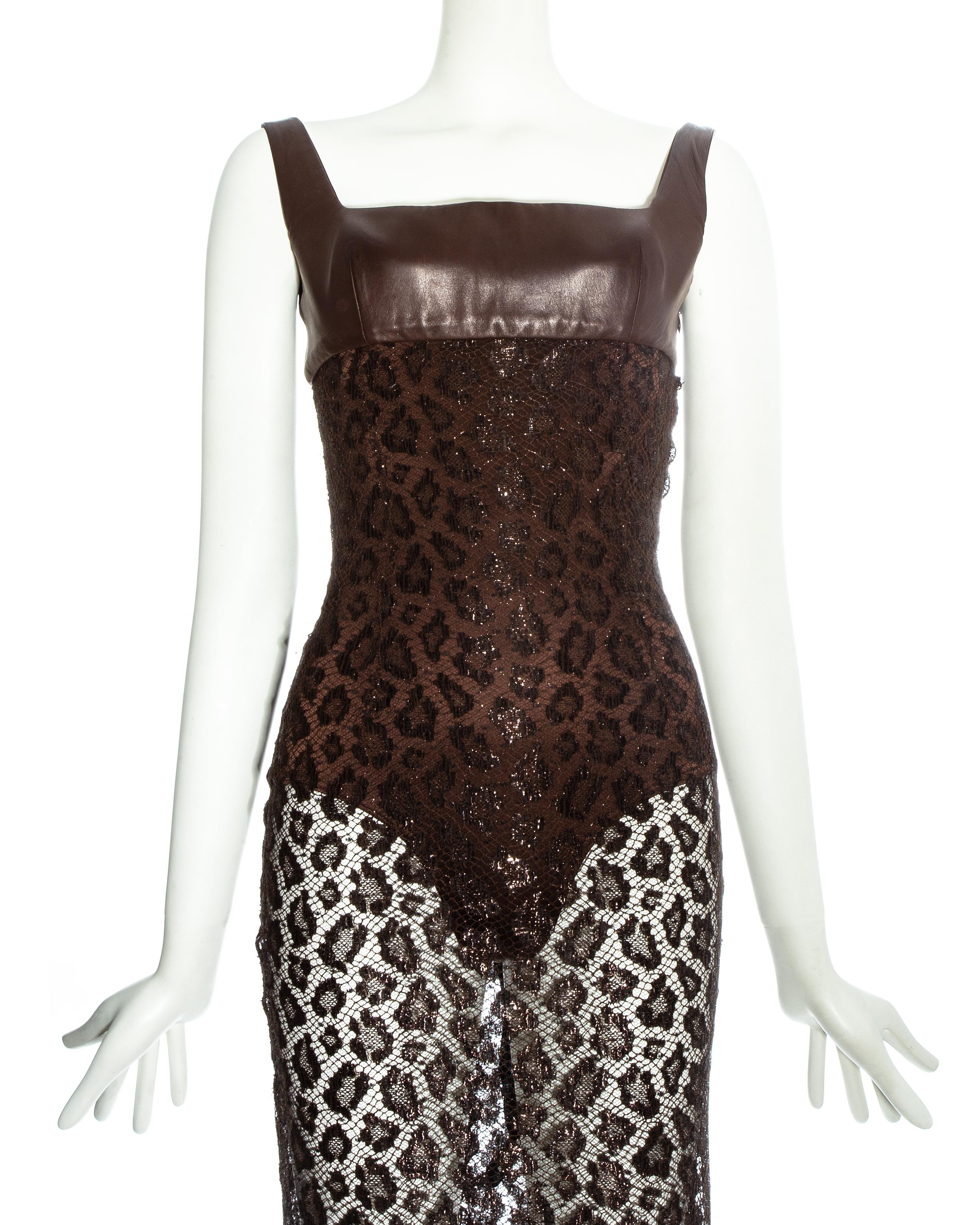 Noir Atelier Versace Robe de couture en dentelle et cuir lamé léopard marron, 1996 en vente