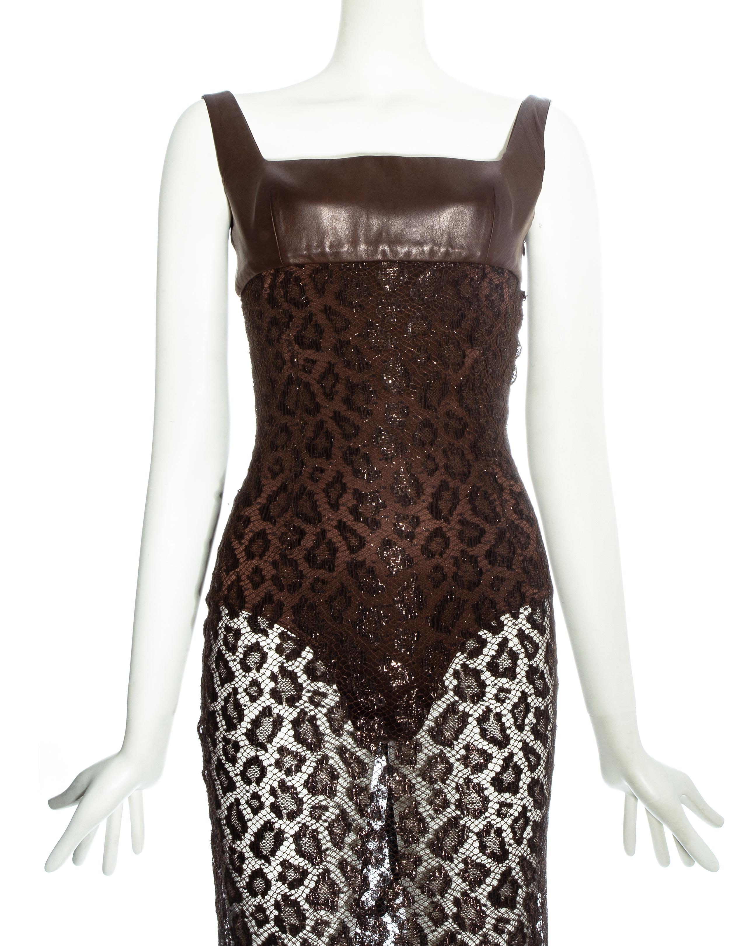 Atelier Versace vestido de alta costura de cuero y encaje de lamé de leopardo marrón, ss 1996 Negro