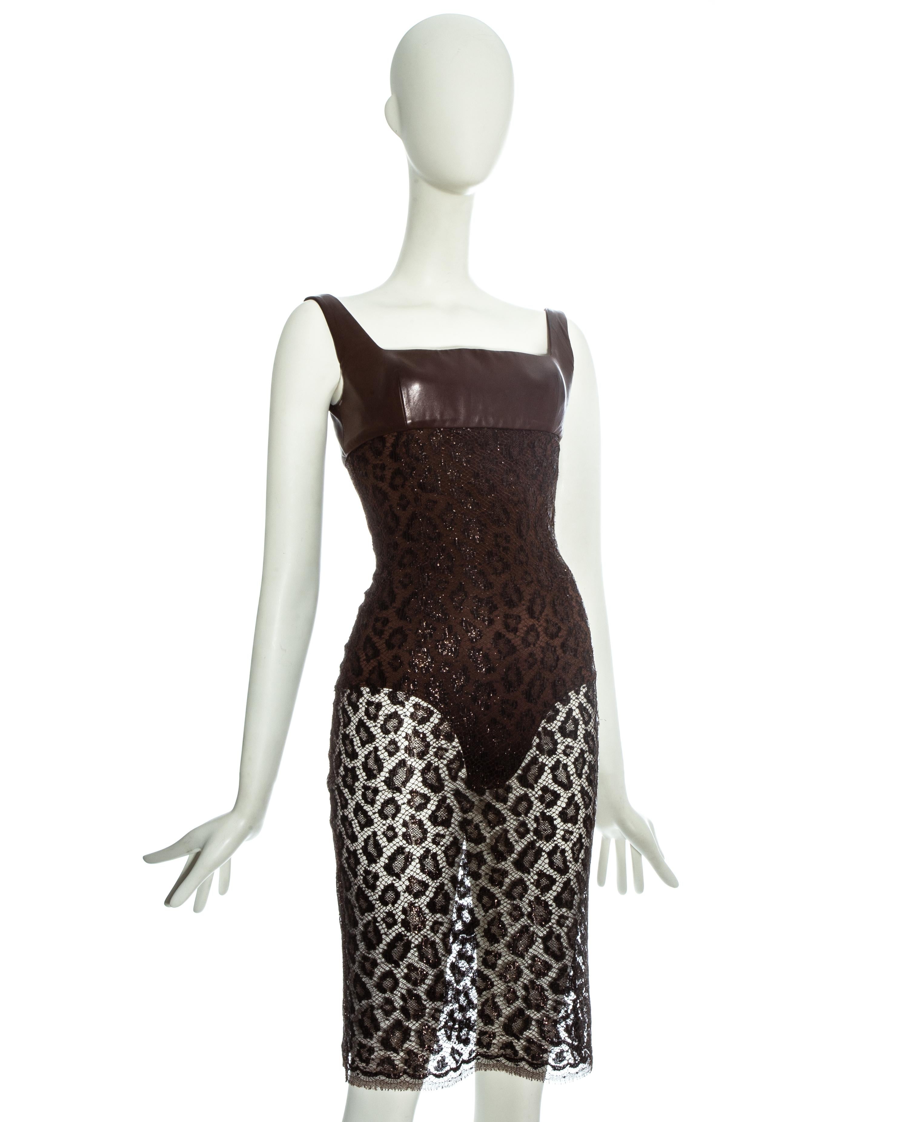 Black Atelier Versace brown leopard lamé lace and leather couture dress, ss 1996 For Sale