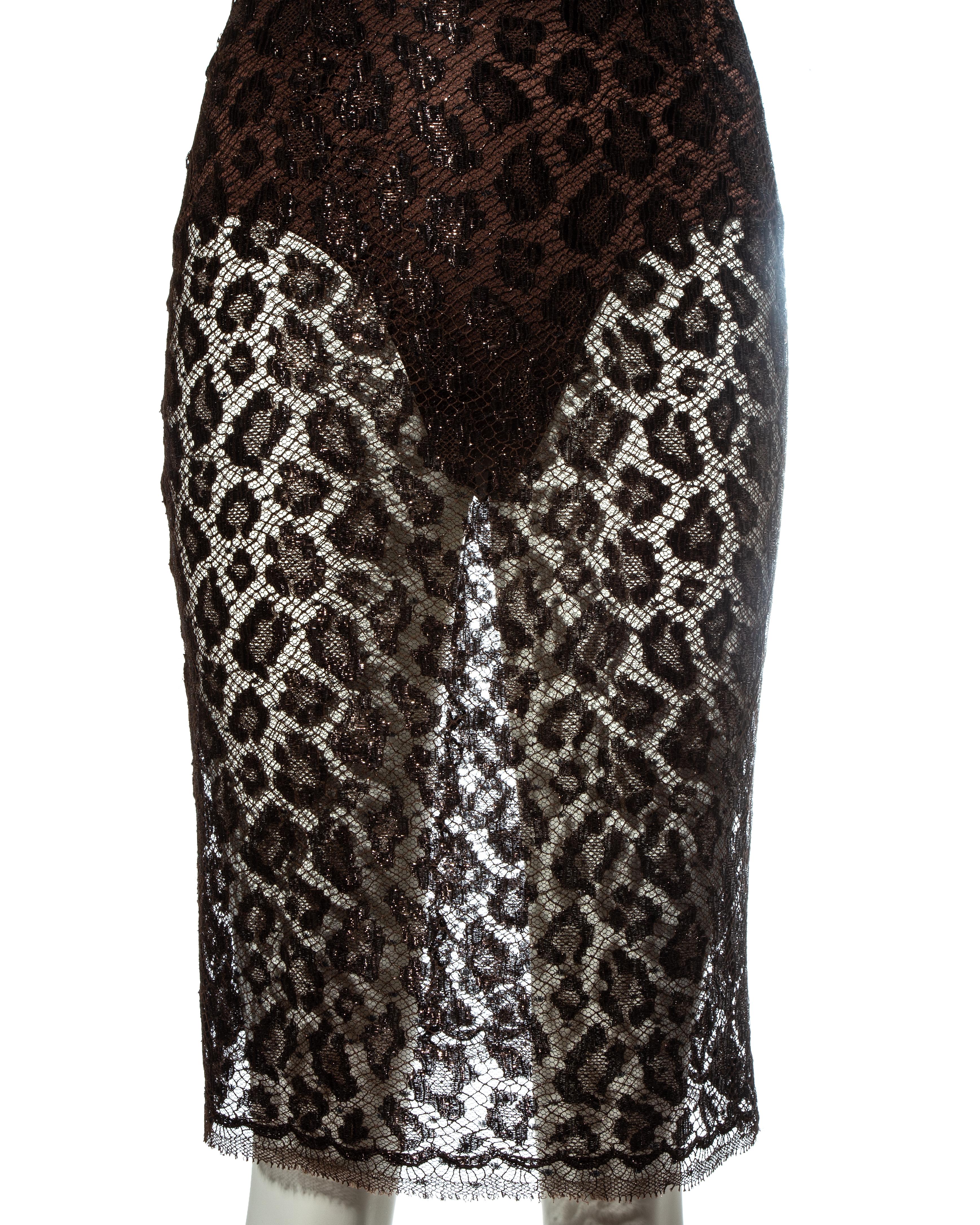 Atelier Versace Robe de couture en dentelle et cuir lamé léopard marron, 1996 en vente 1