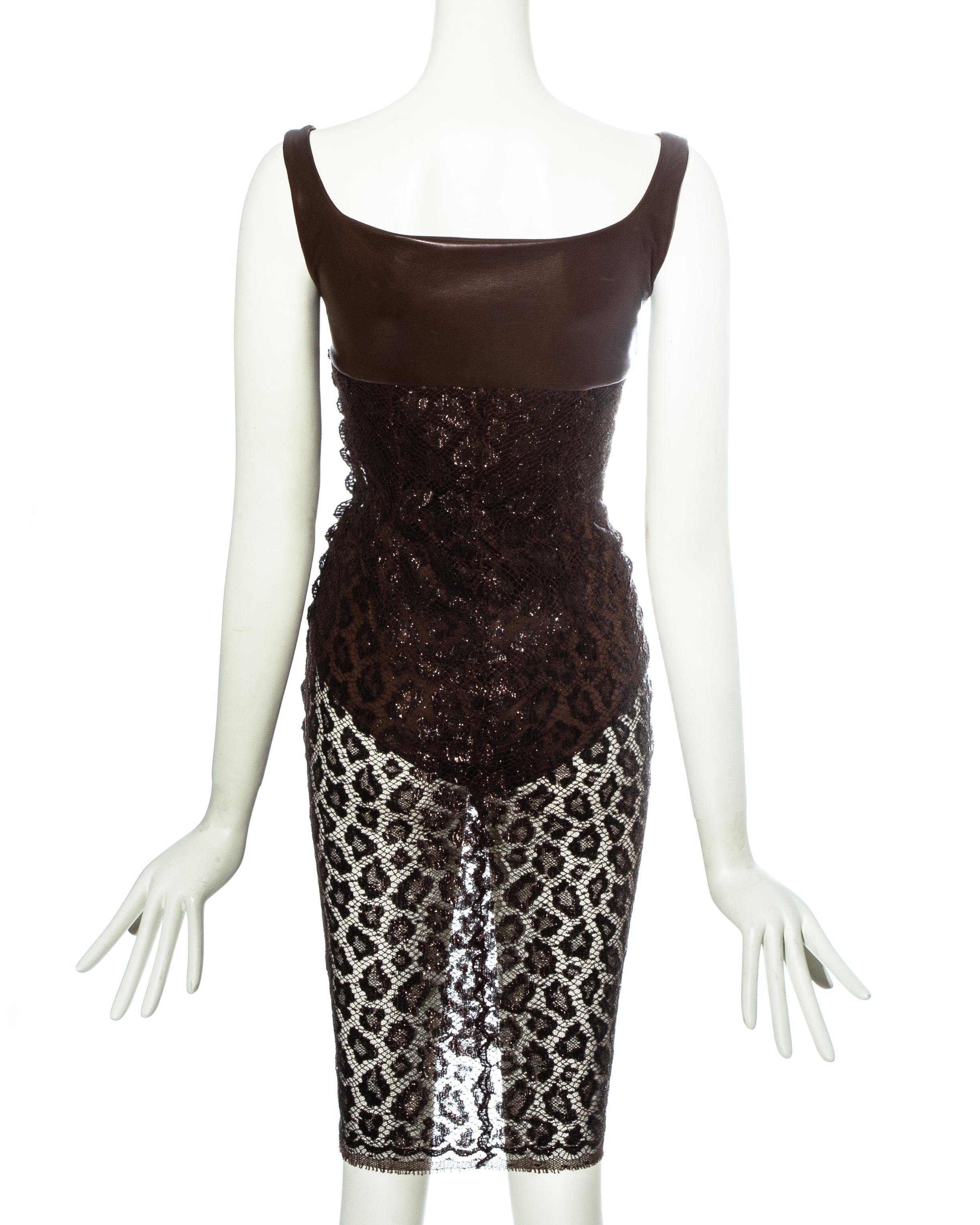 Women's Atelier Versace brown leopard lamé lace and leather couture dress, ss 1996 For Sale