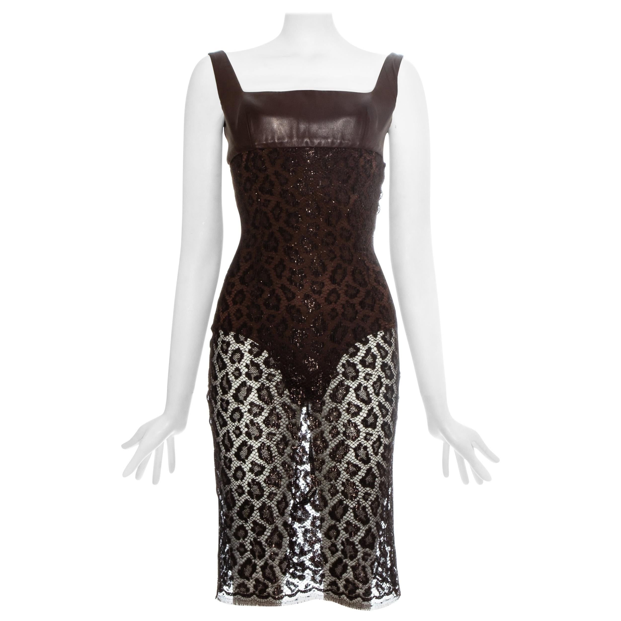 Atelier Versace brown leopard lamé lace and leather couture dress, ss 1996 For Sale