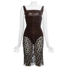 Used Atelier Versace brown leopard lamé lace and leather couture dress, ss 1996