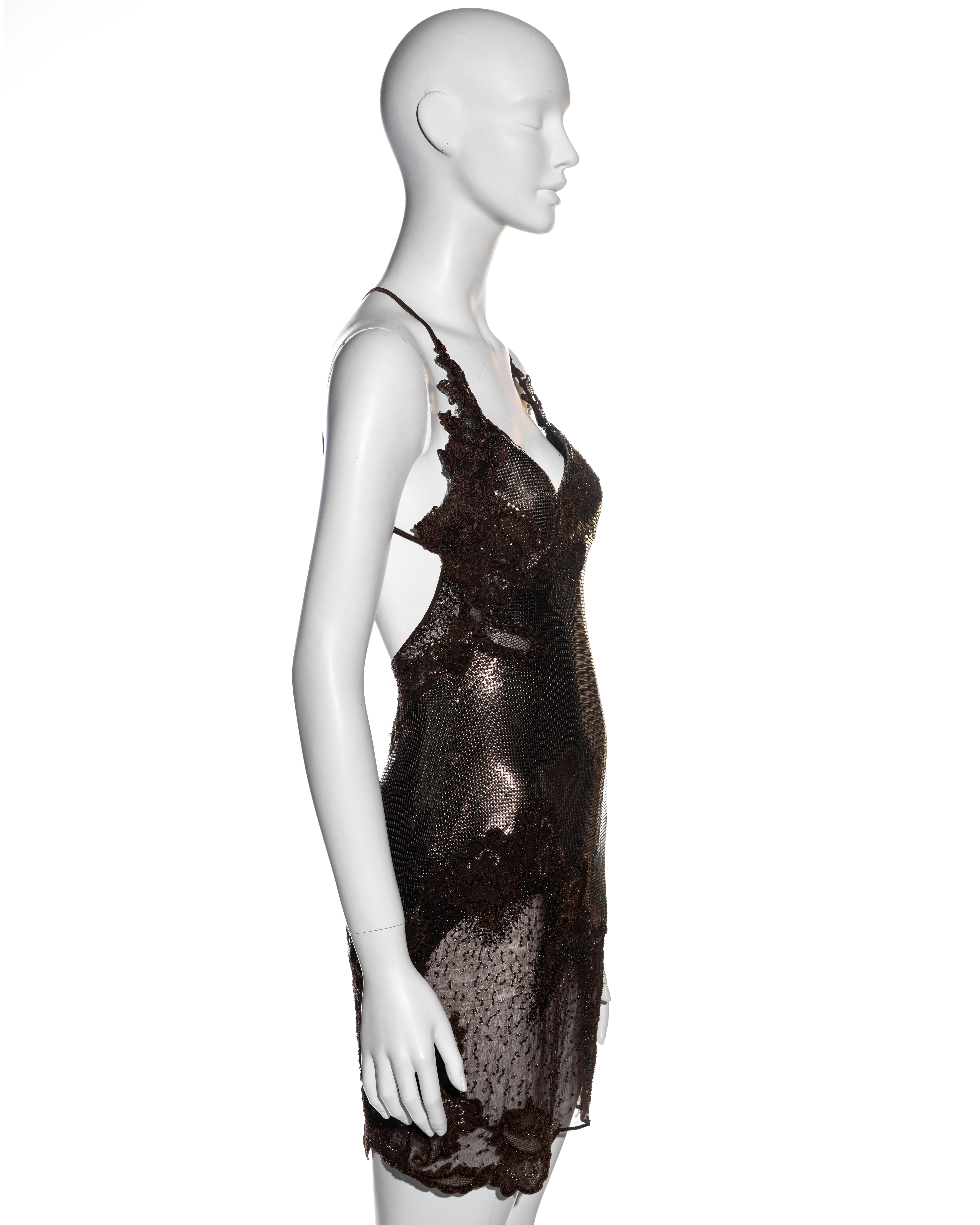 Atelier Versace brown Oroton chainmail and lace embellished mini dress, ss 1996 In Excellent Condition In London, GB