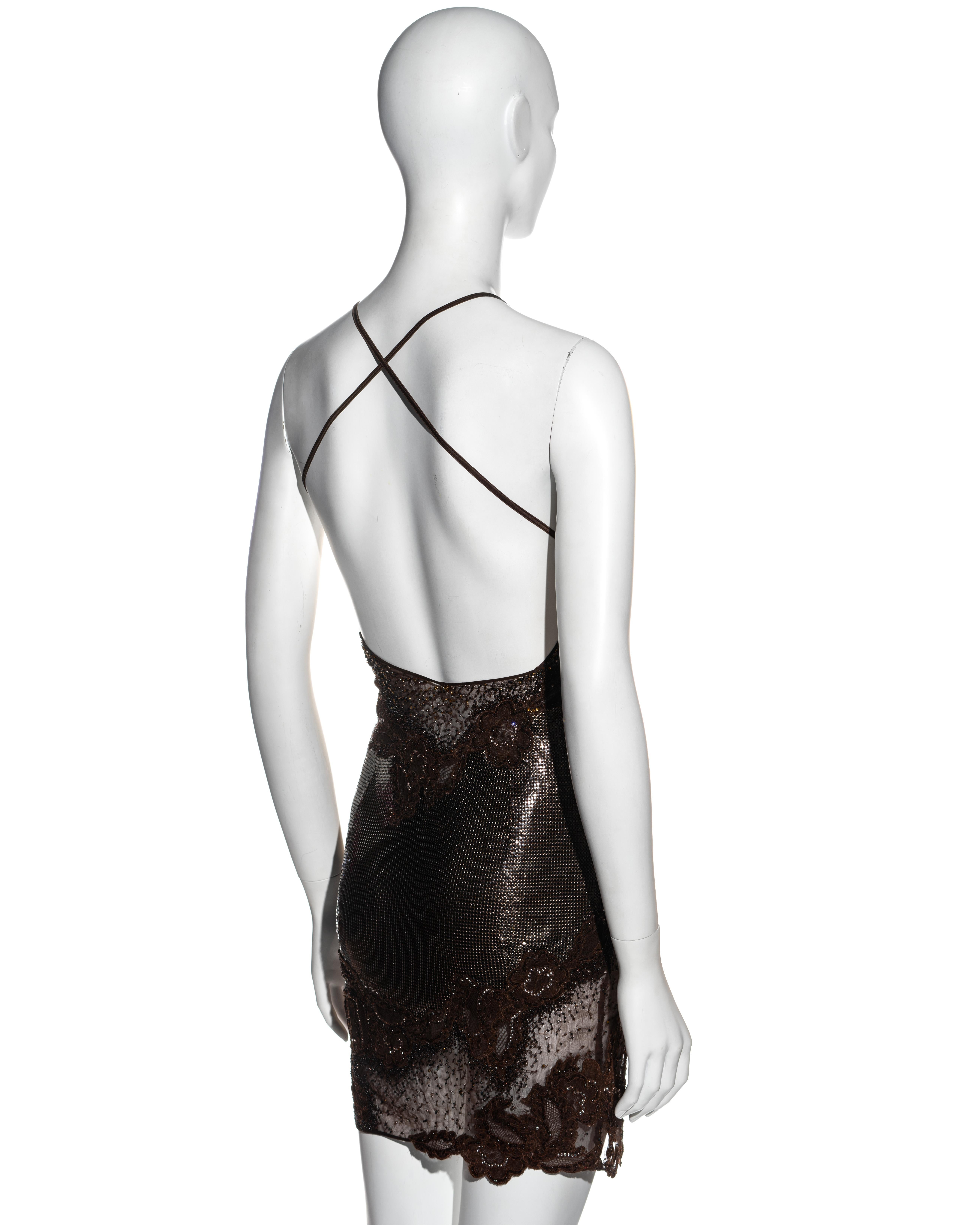 Women's Atelier Versace brown Oroton chainmail and lace embellished mini dress, ss 1996