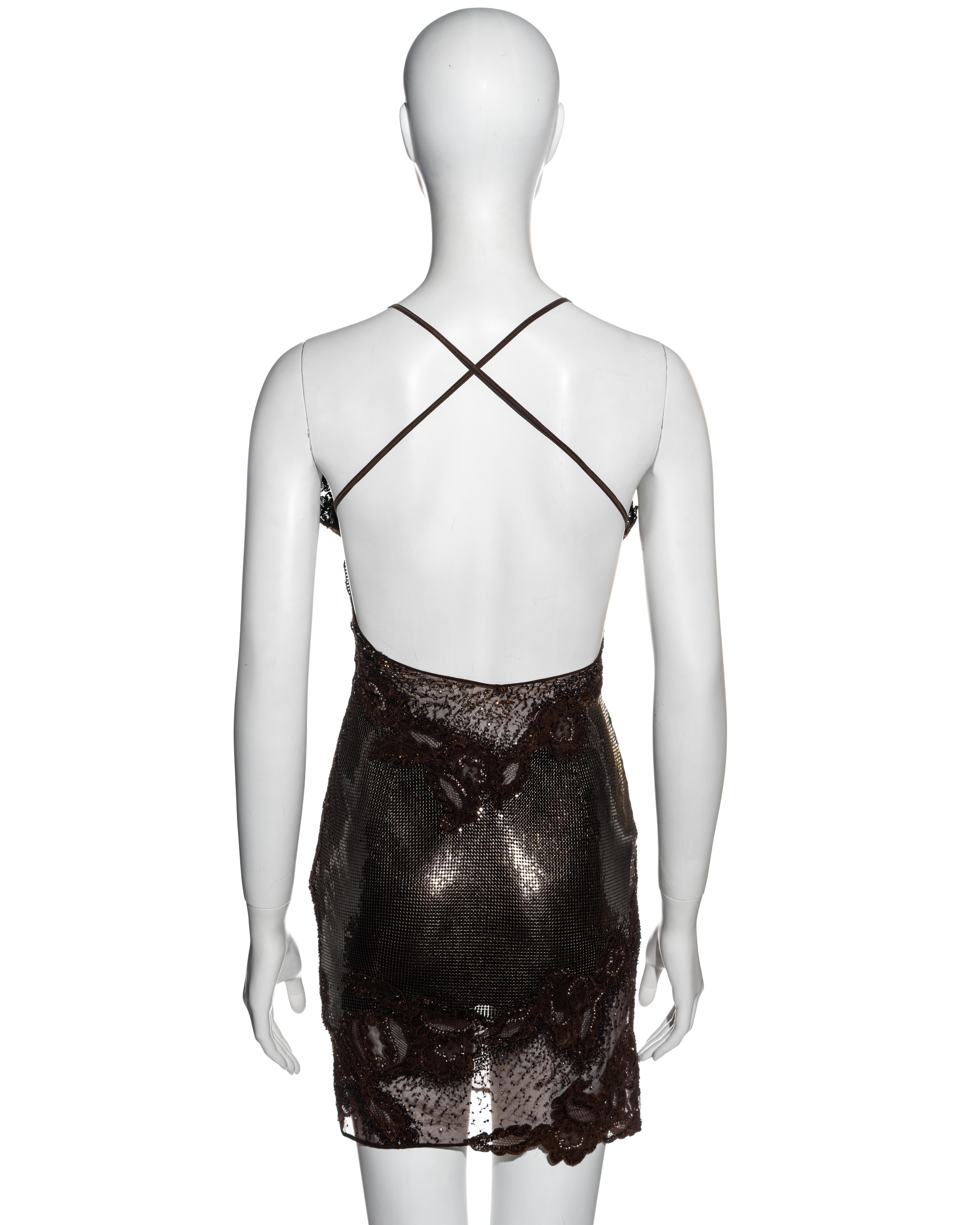 Atelier Versace brown Oroton chainmail and lace embellished mini dress, ss 1996 1