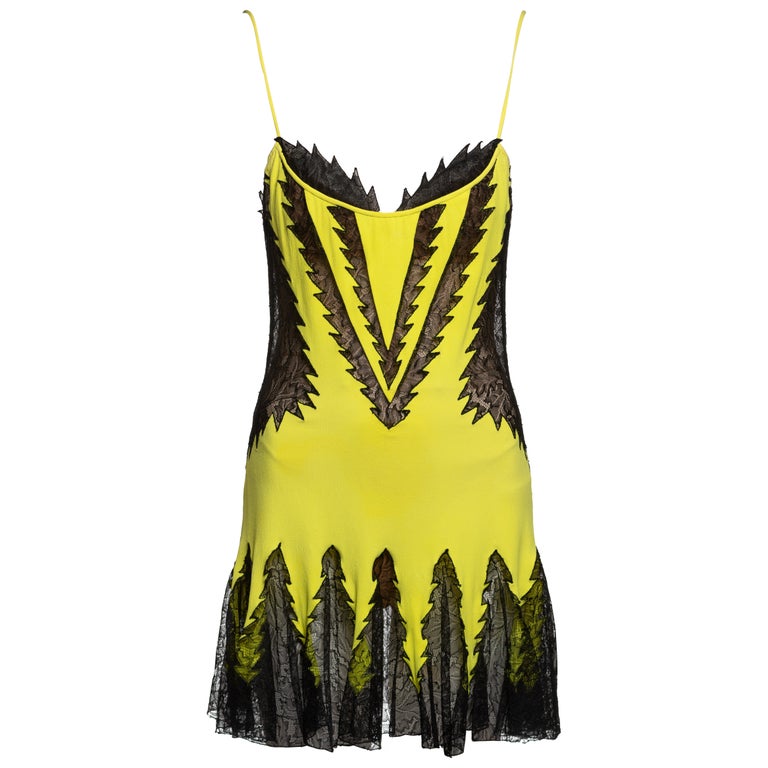 Atelier Versace Couture Chartreuse Silk and Black Lace Mini Dress, c. 2002  For Sale at 1stDibs