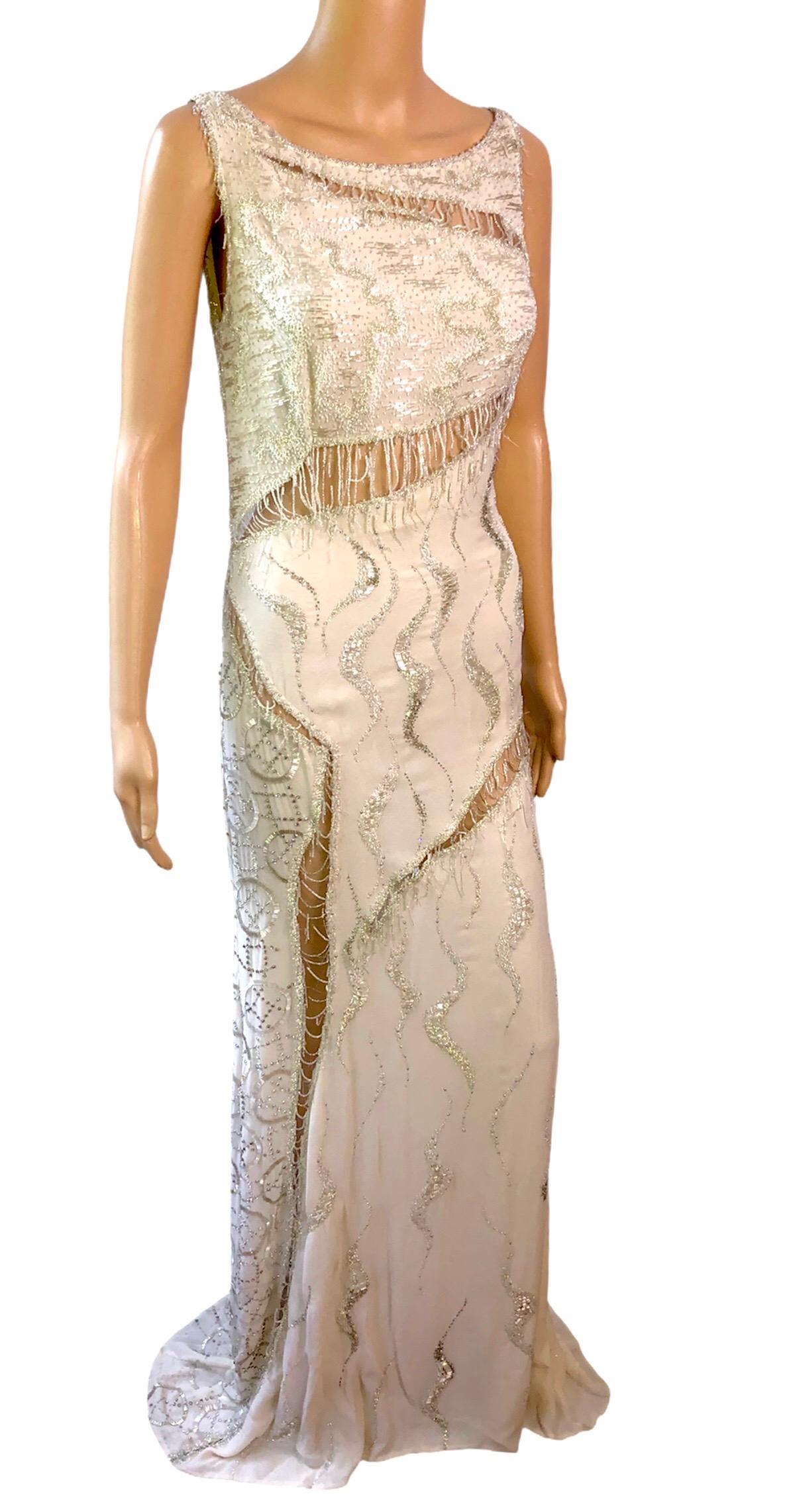 Beige Atelier Versace Couture F/W 1998 Runway Embellished Sheer Cutout Gown Maxi Dress For Sale