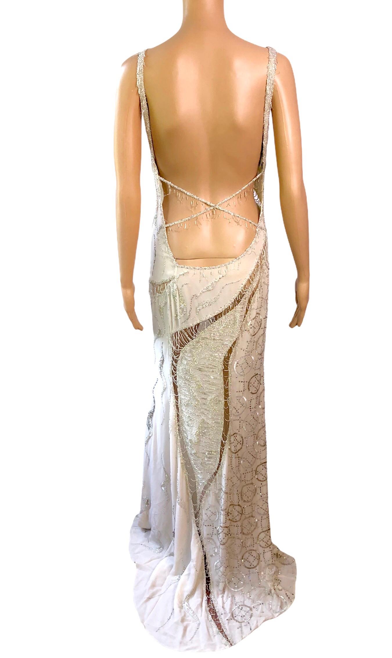 Atelier Versace Couture F/W 1998 Runway Embellished Sheer Cutout Gown Maxi Dress In Good Condition For Sale In Naples, FL
