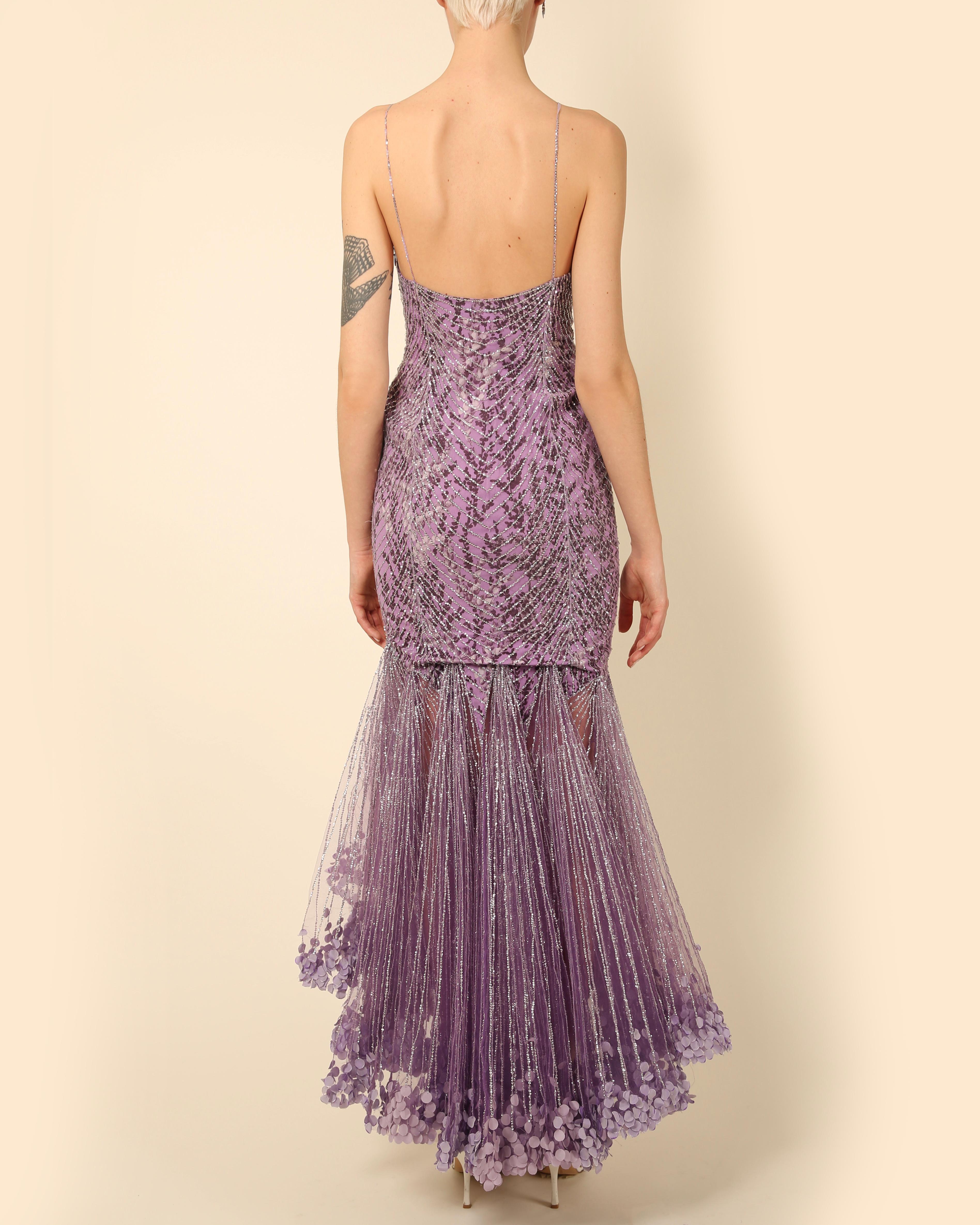 Atelier Versace Couture F/W01 purple black silver sequin low cut silk dress gown 8