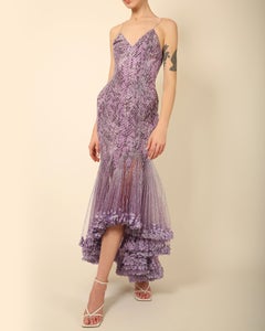 Atelier Versace Couture F/W01 purple black silver sequin low cut silk dress gown