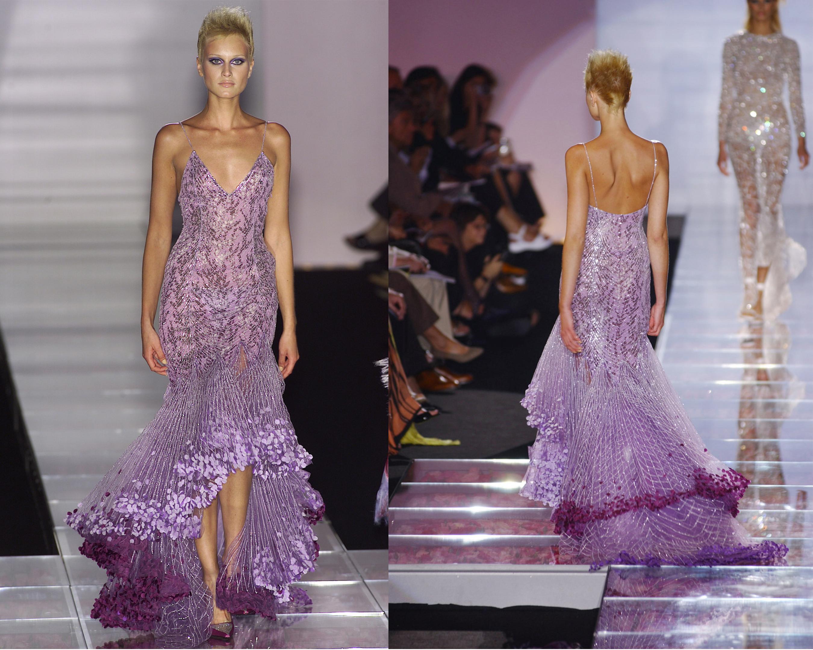 Atelier Versace Couture F/W01 purple black silver sequin low cut silk dress gown 12
